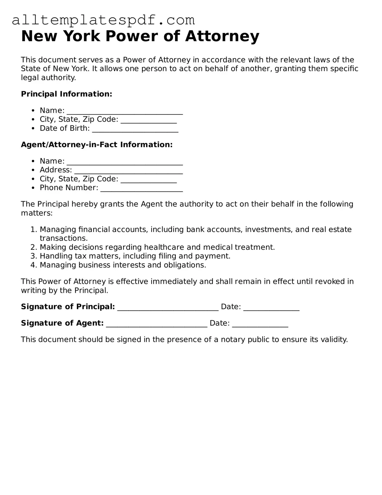 Blank Power of Attorney Template for the State of New York