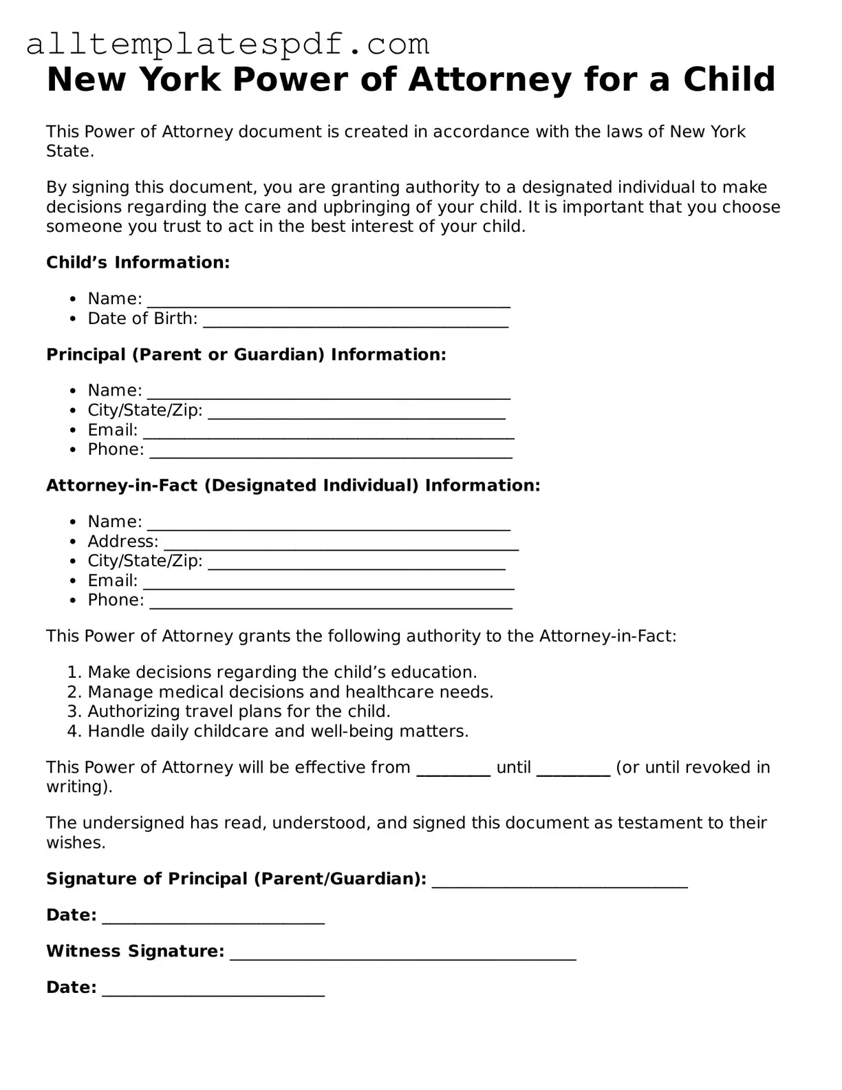 Blank Power of Attorney for a Child Template for the State of New York
