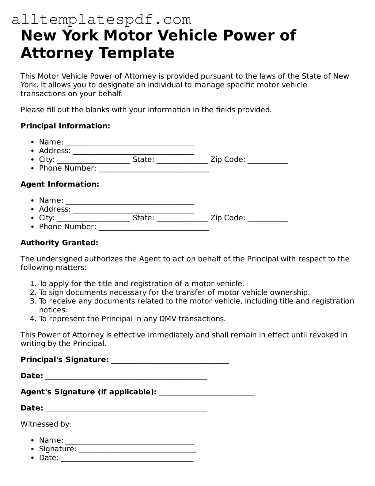 Blank Motor Vehicle Power of Attorney Template for the State of New York