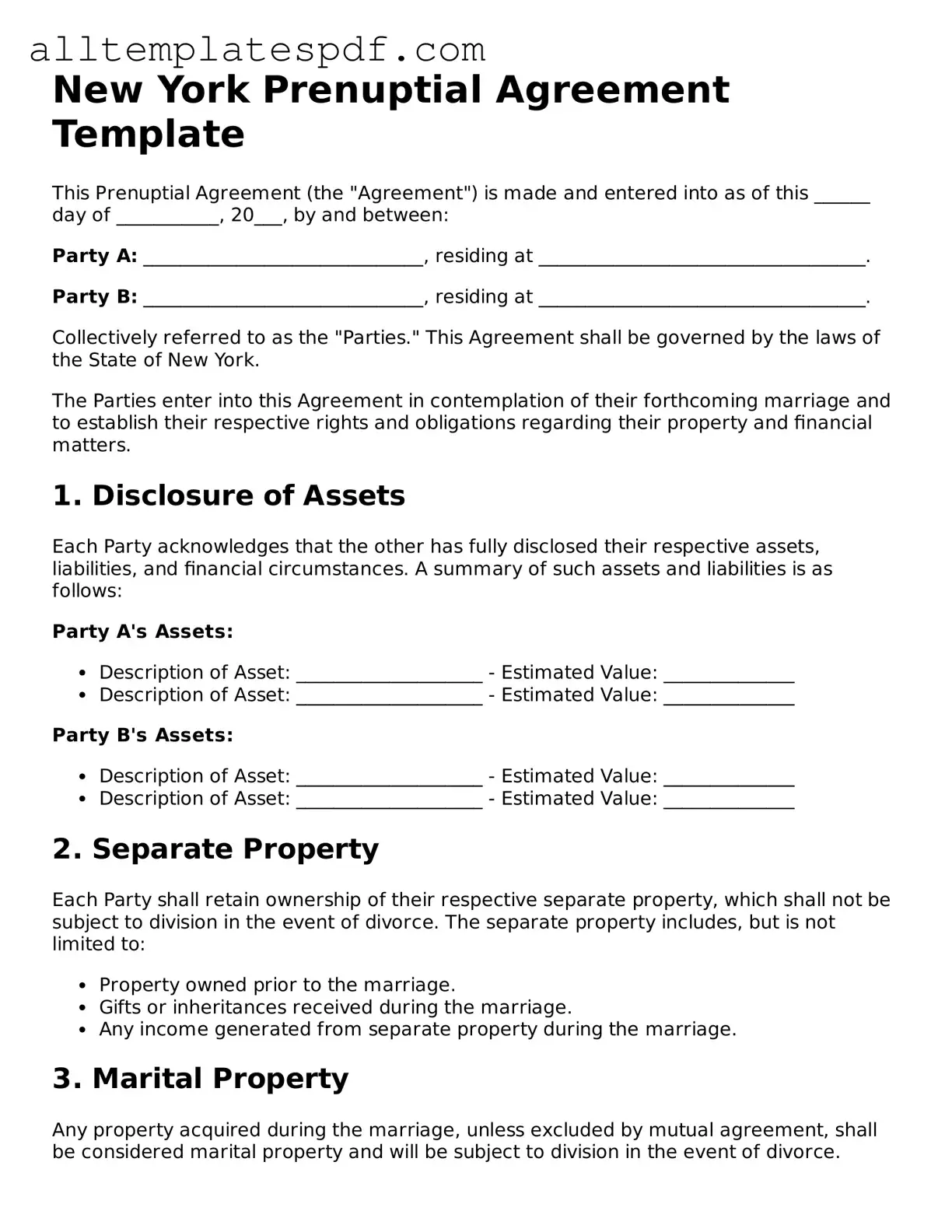 Blank Prenuptial Agreement Template for the State of New York
