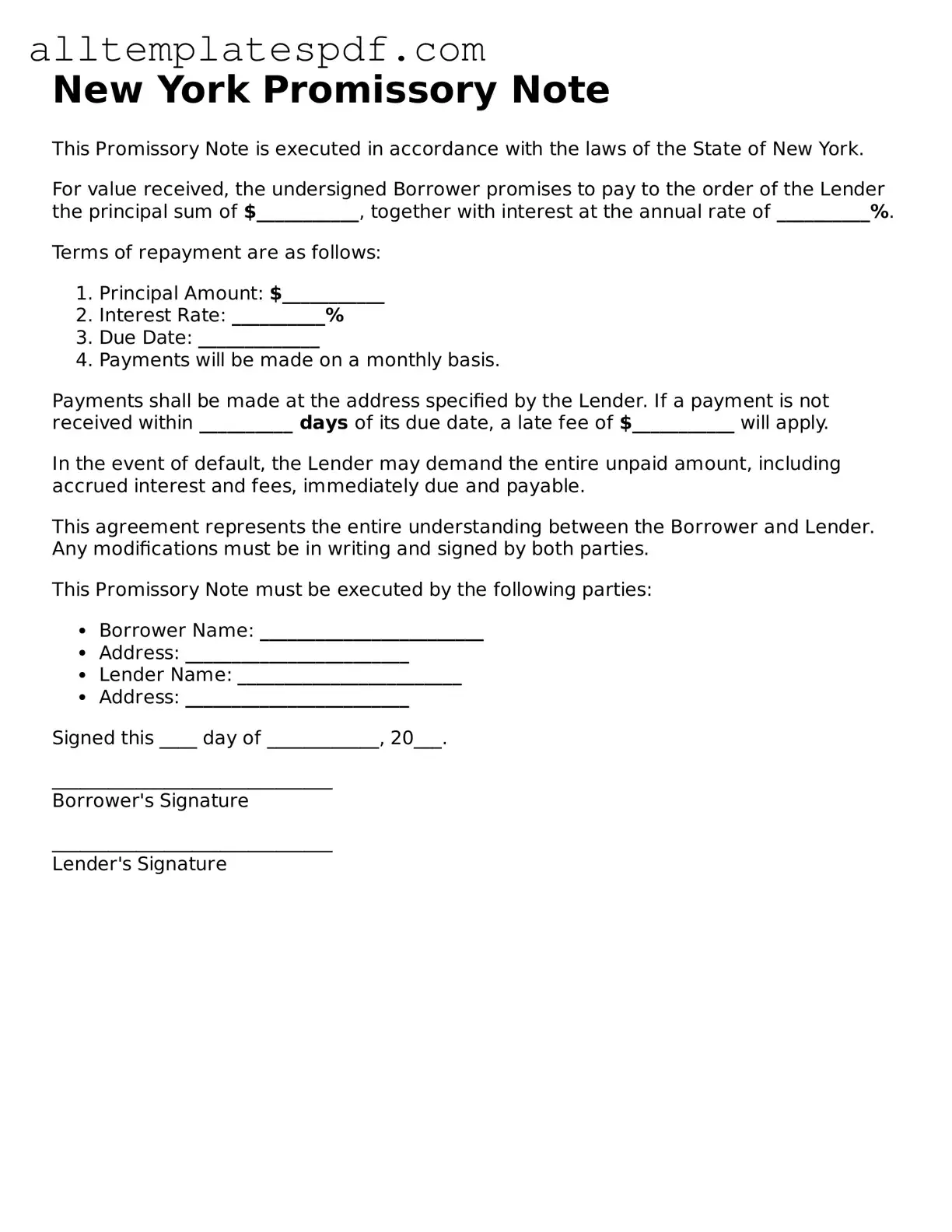 Blank Promissory Note Template for the State of New York