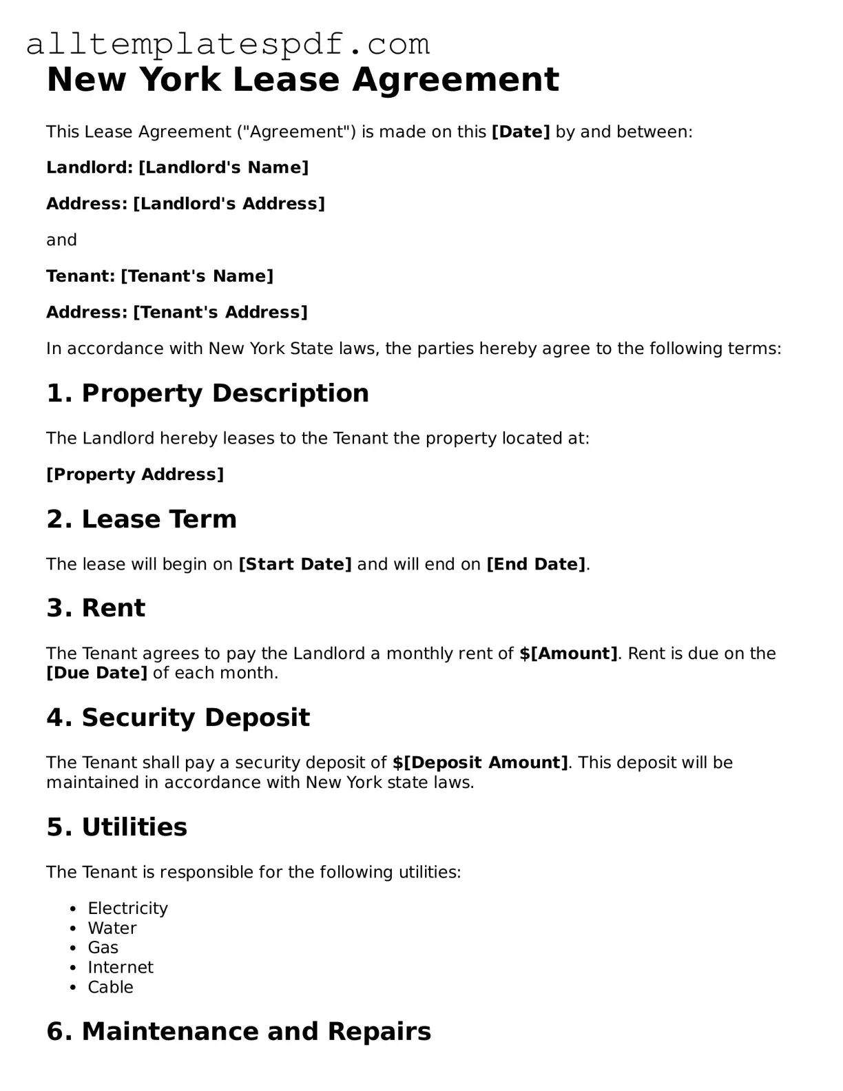Blank Lease Agreement Template for the State of New York