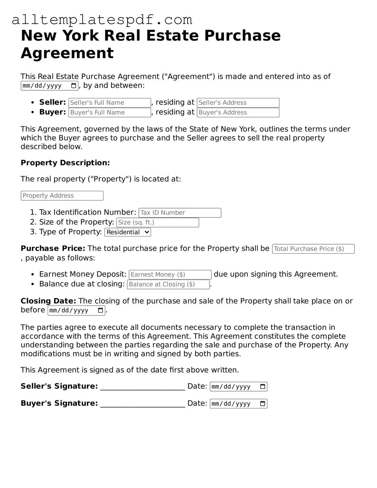 Blank Real Estate Purchase Agreement Template for the State of New York