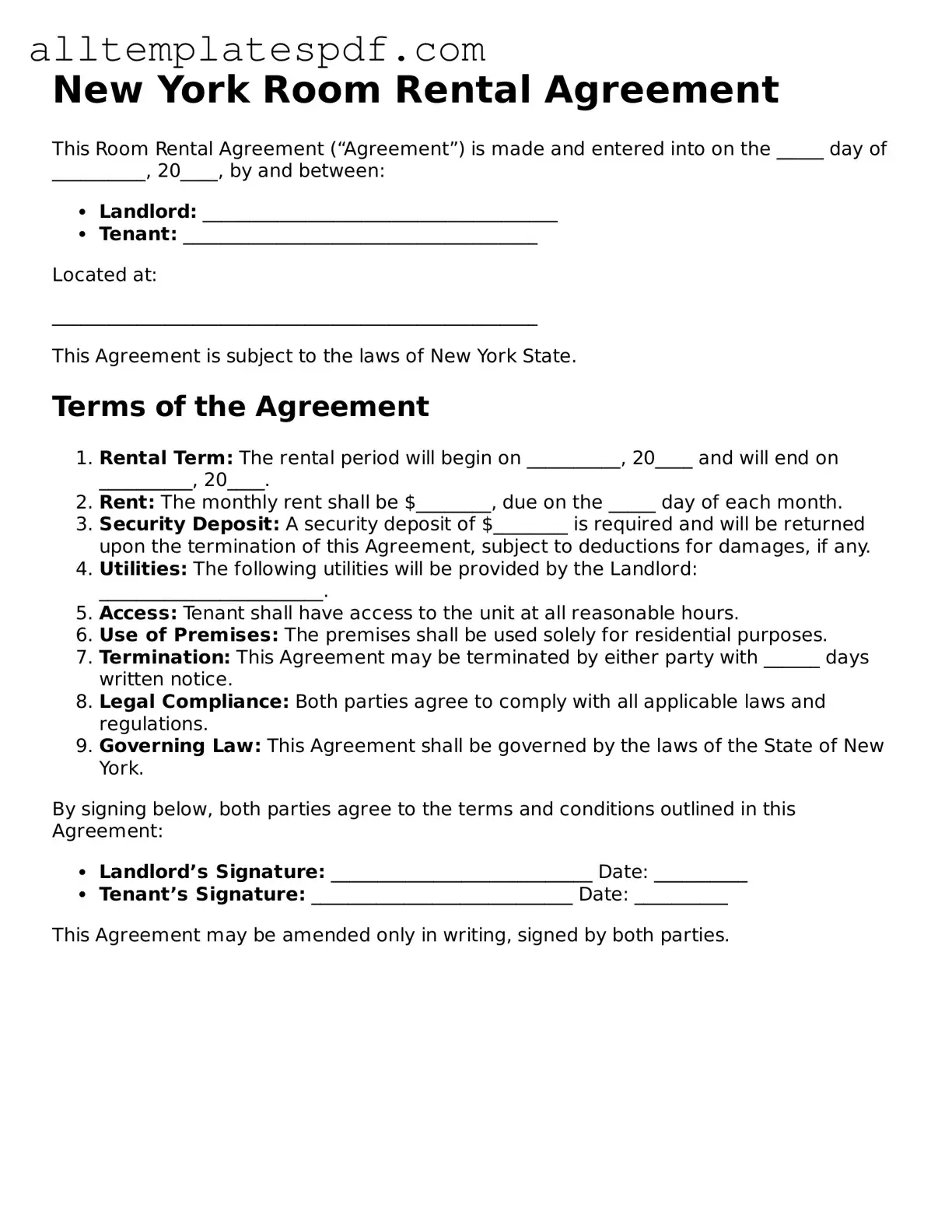 Blank Room Rental Agreement Template for the State of New York