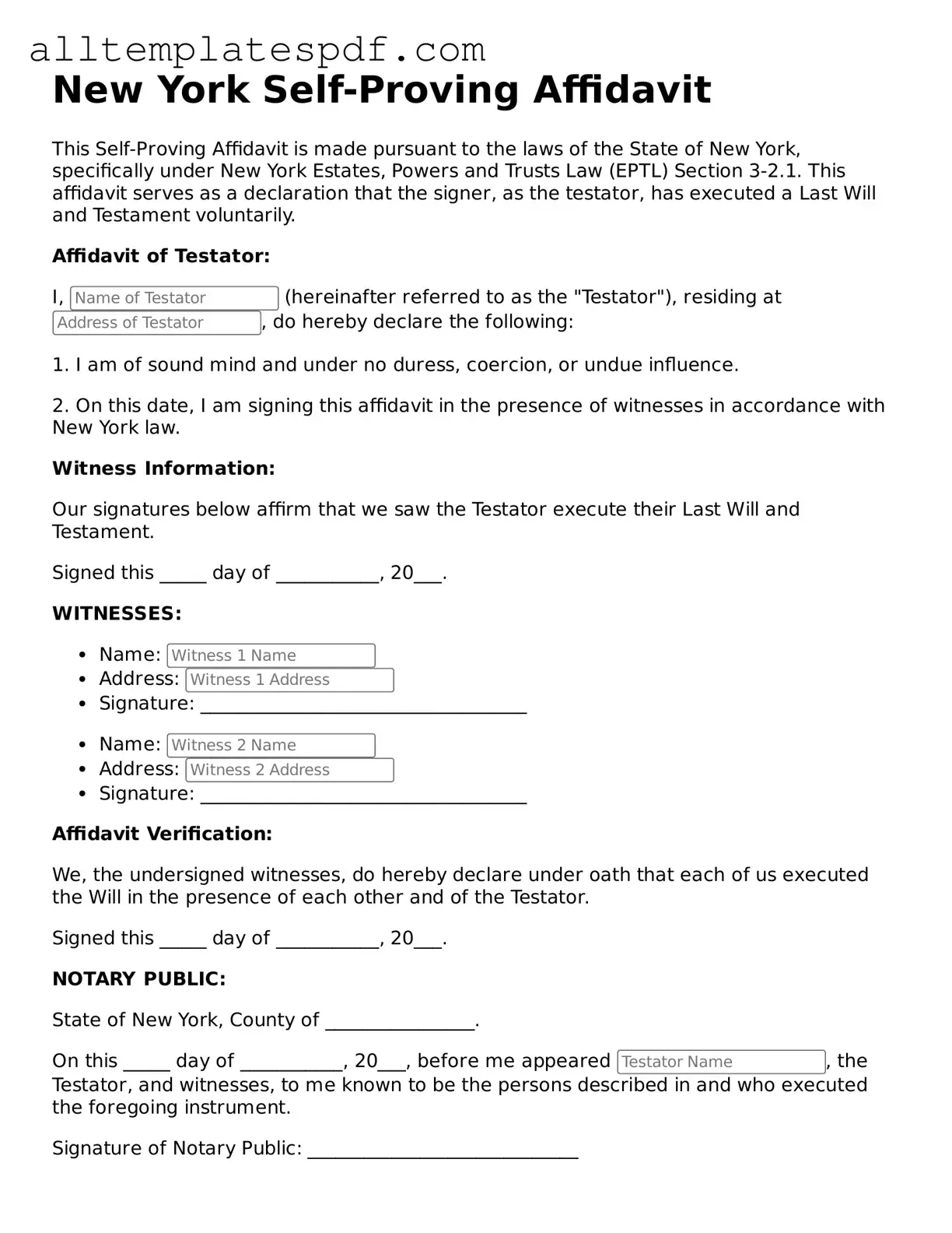 Blank Self-Proving Affidavit Template for the State of New York