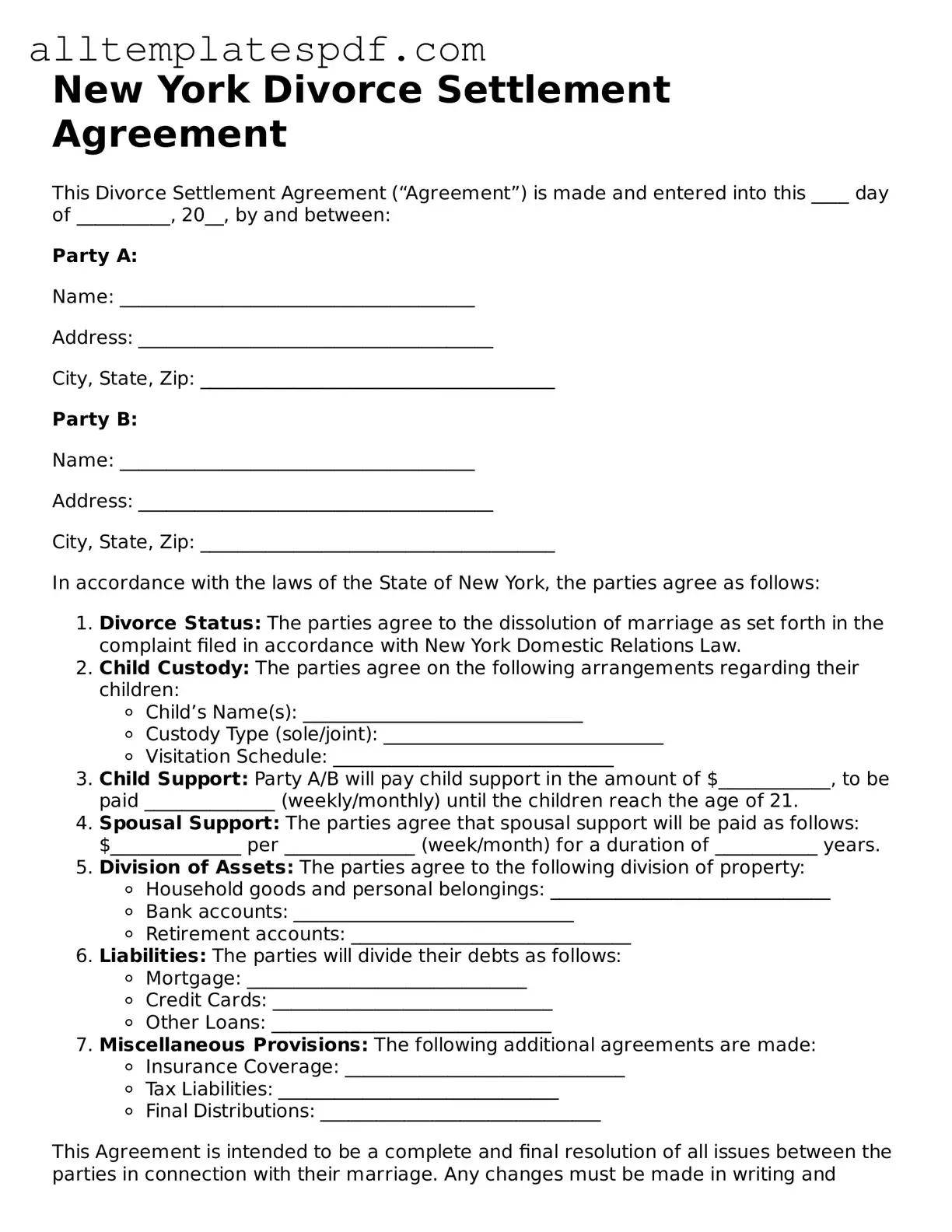 Blank Divorce Settlement Agreement Template for the State of New York