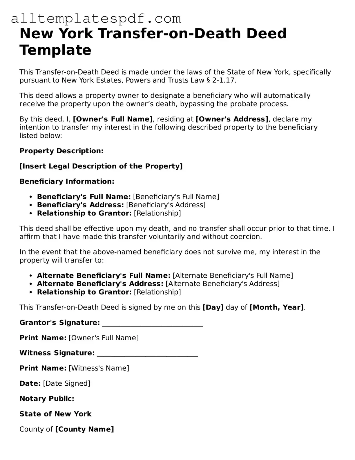 Blank Transfer-on-Death Deed Template for the State of New York