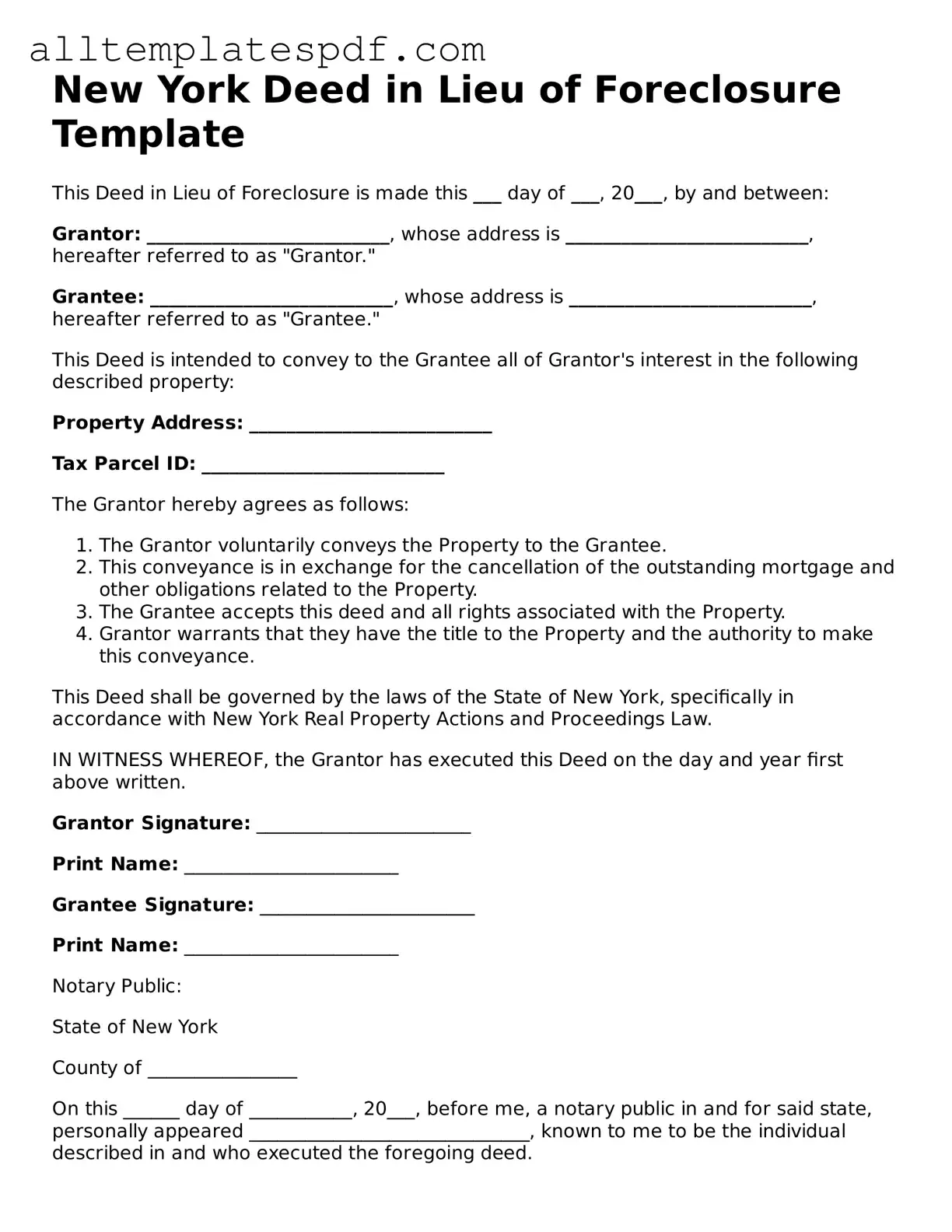 Blank Deed in Lieu of Foreclosure Template for the State of New York