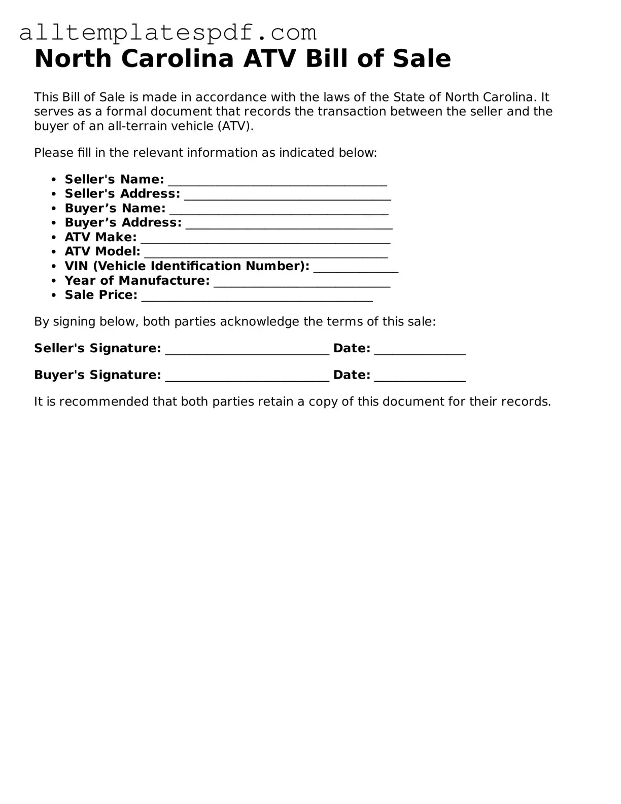 Blank ATV Bill of Sale Template for the State of North Carolina