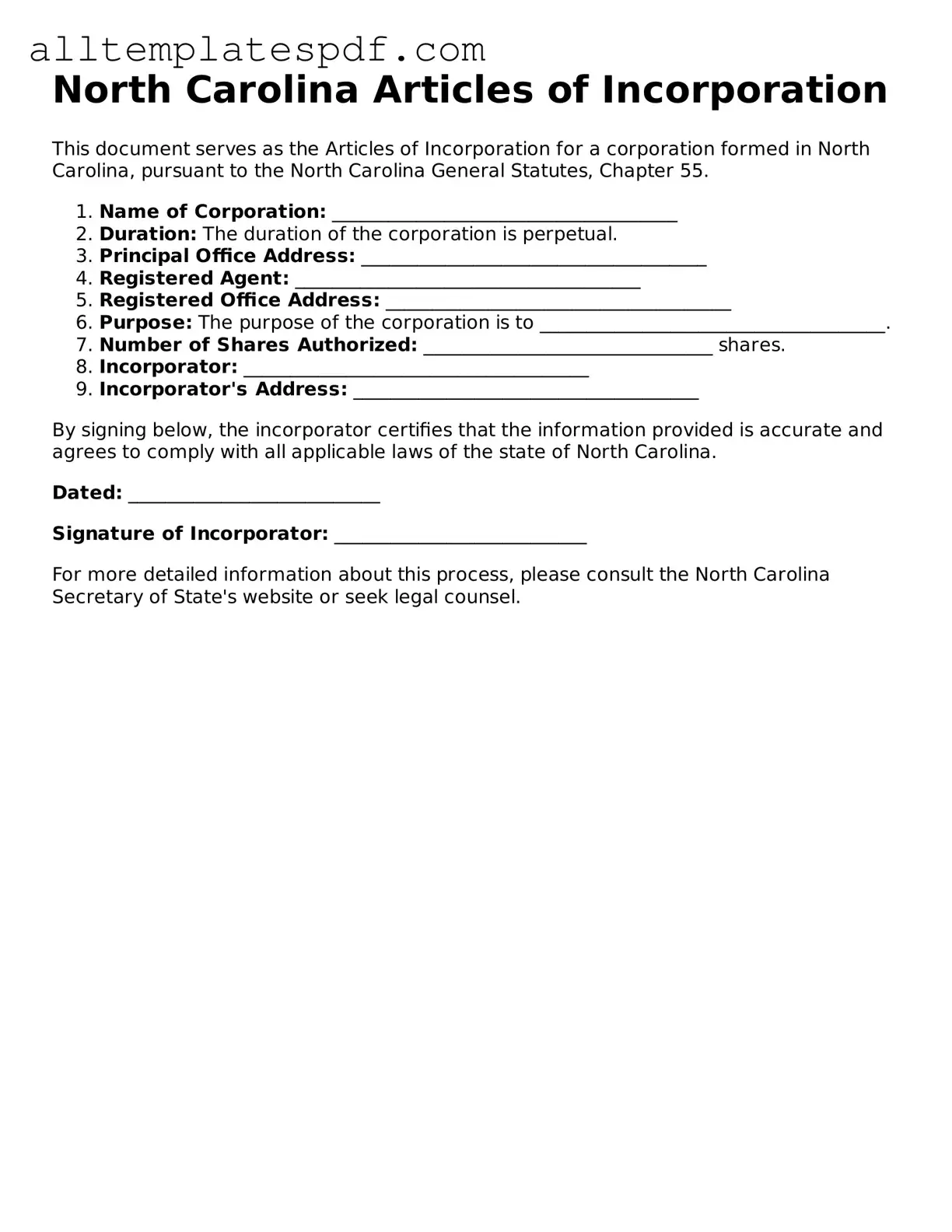 Blank Articles of Incorporation Template for the State of North Carolina