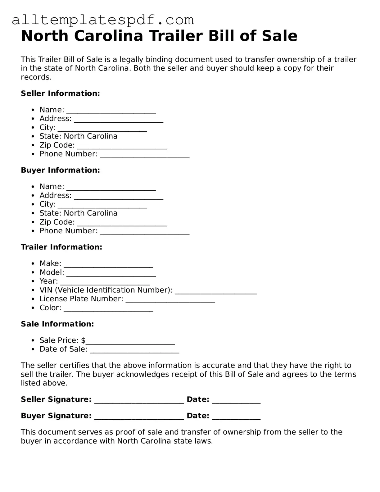 Blank Trailer Bill of Sale Template for the State of North Carolina