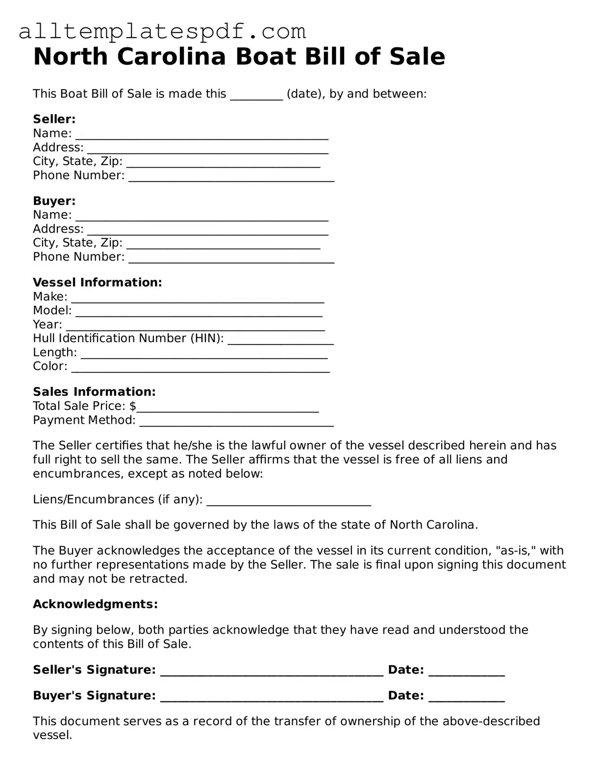 Blank Boat Bill of Sale Template for the State of North Carolina