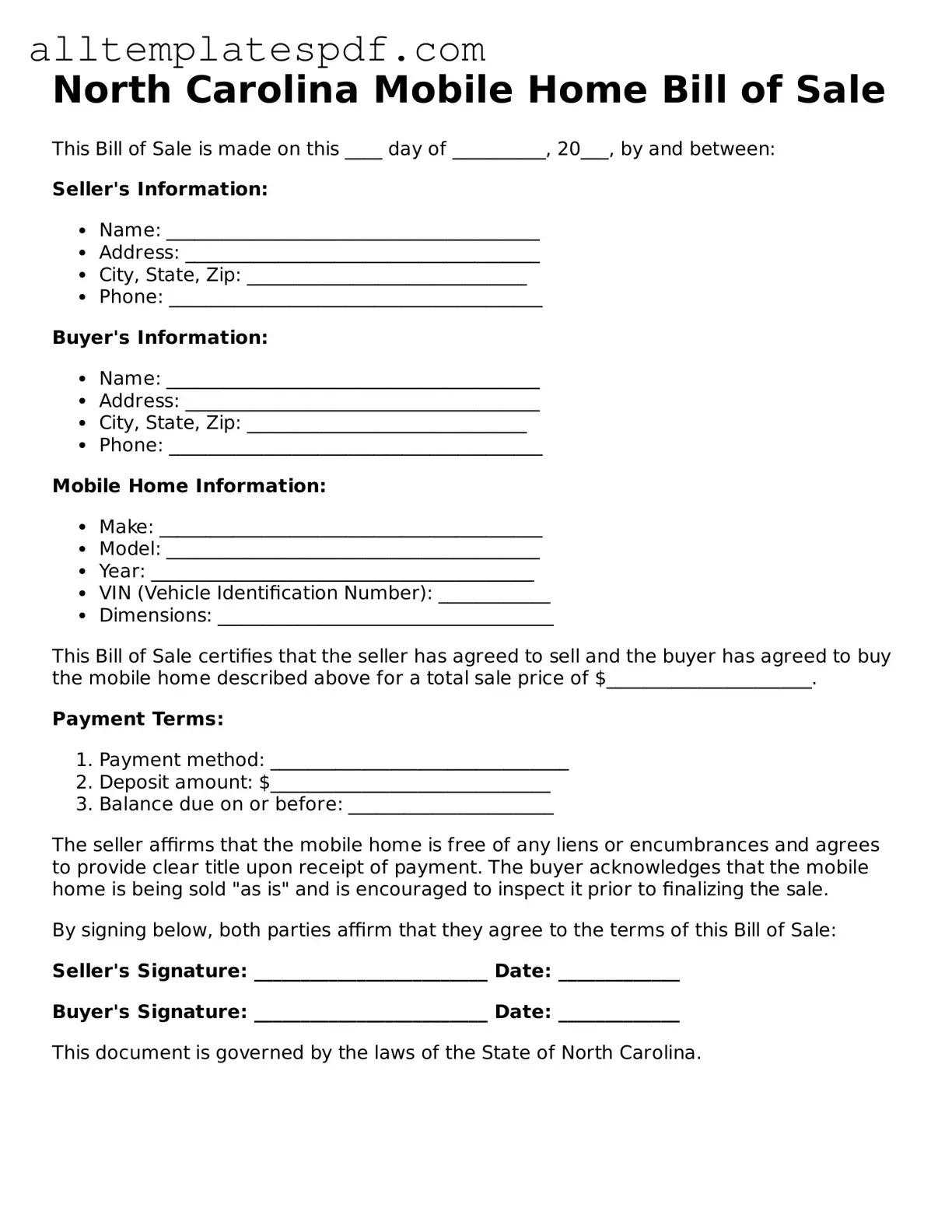 Blank Mobile Home Bill of Sale Template for the State of North Carolina