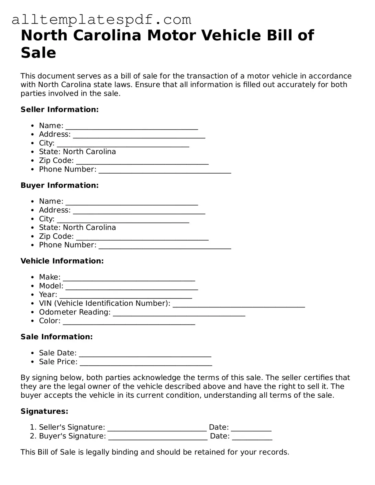 Blank Motor Vehicle Bill of Sale Template for the State of North Carolina