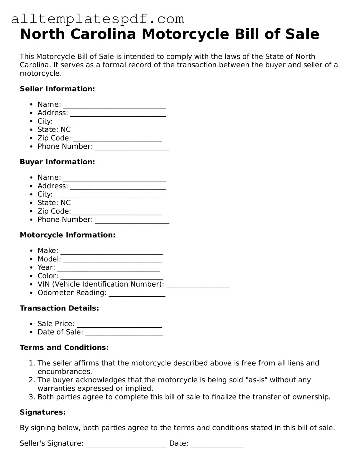 Blank Motorcycle Bill of Sale Template for the State of North Carolina