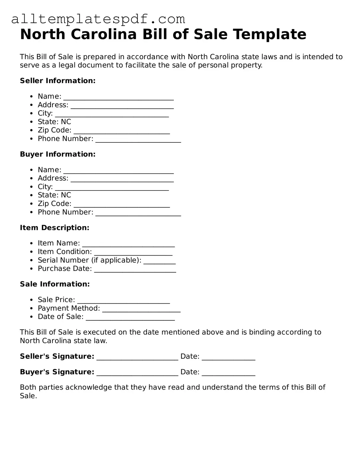 Blank Bill of Sale Template for the State of North Carolina