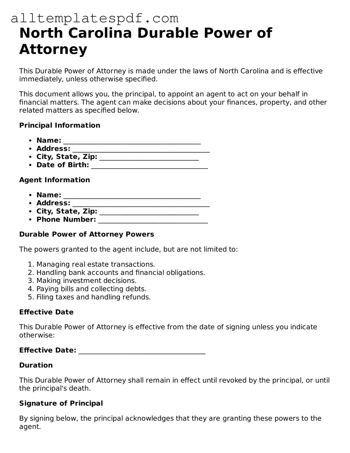 Blank Durable Power of Attorney Template for the State of North Carolina