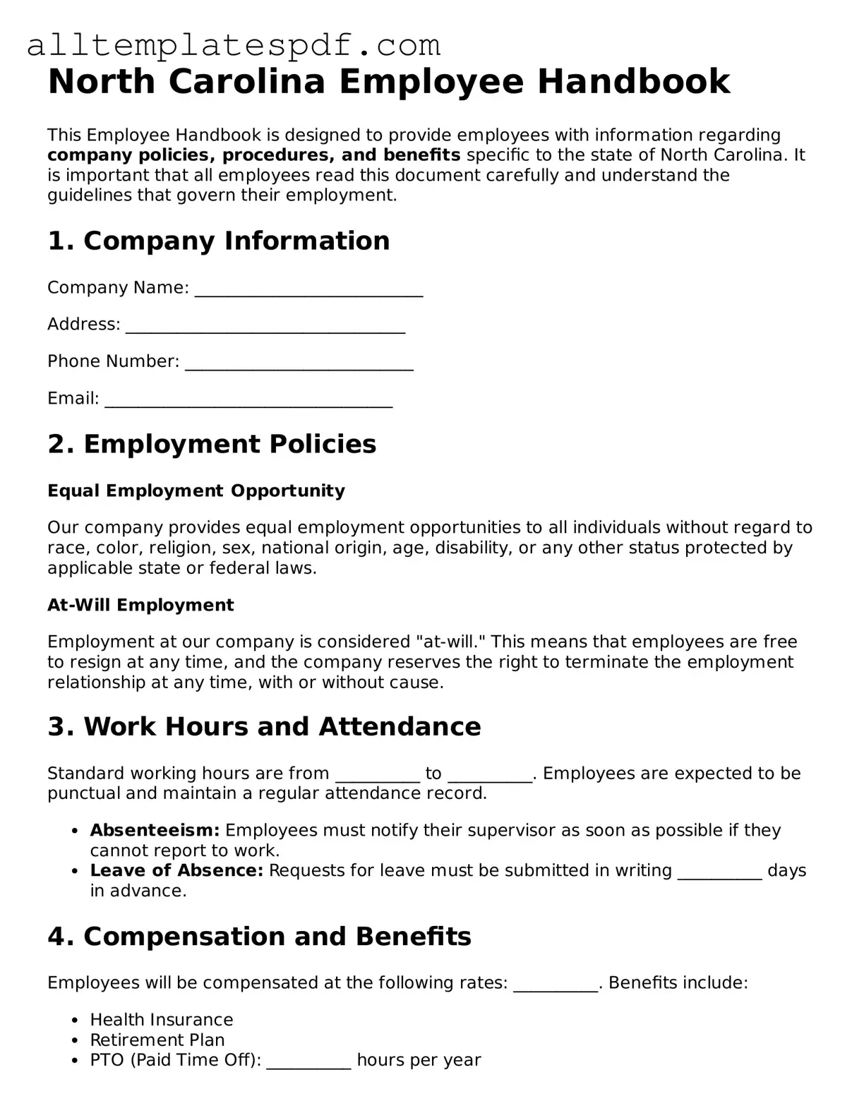 Blank Employee Handbook Template for the State of North Carolina