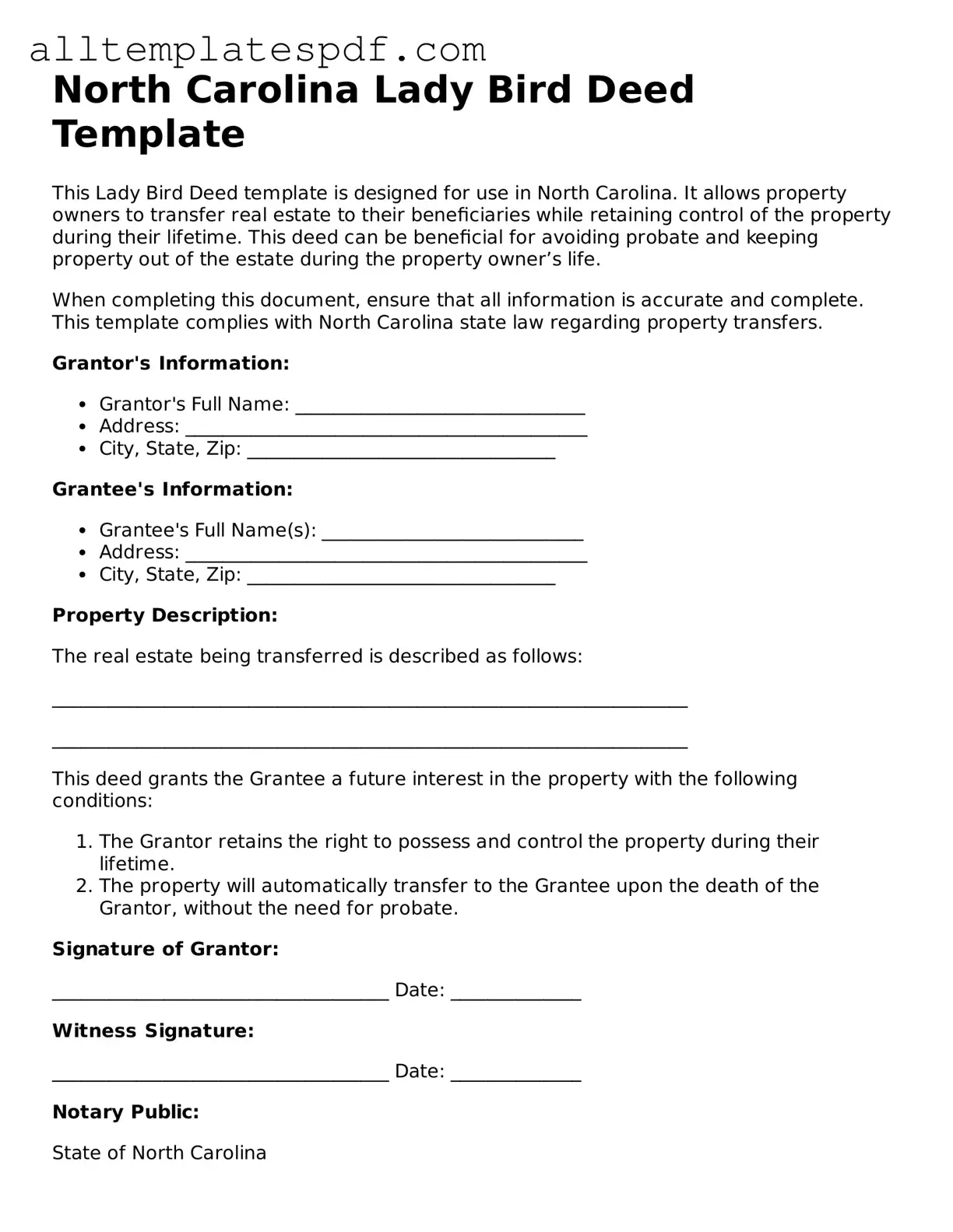 Blank Lady Bird Deed Template for the State of North Carolina