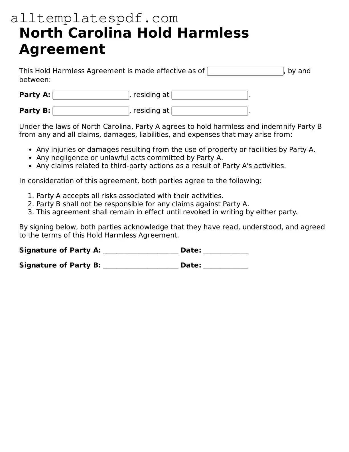 Blank Hold Harmless Agreement Template for the State of North Carolina