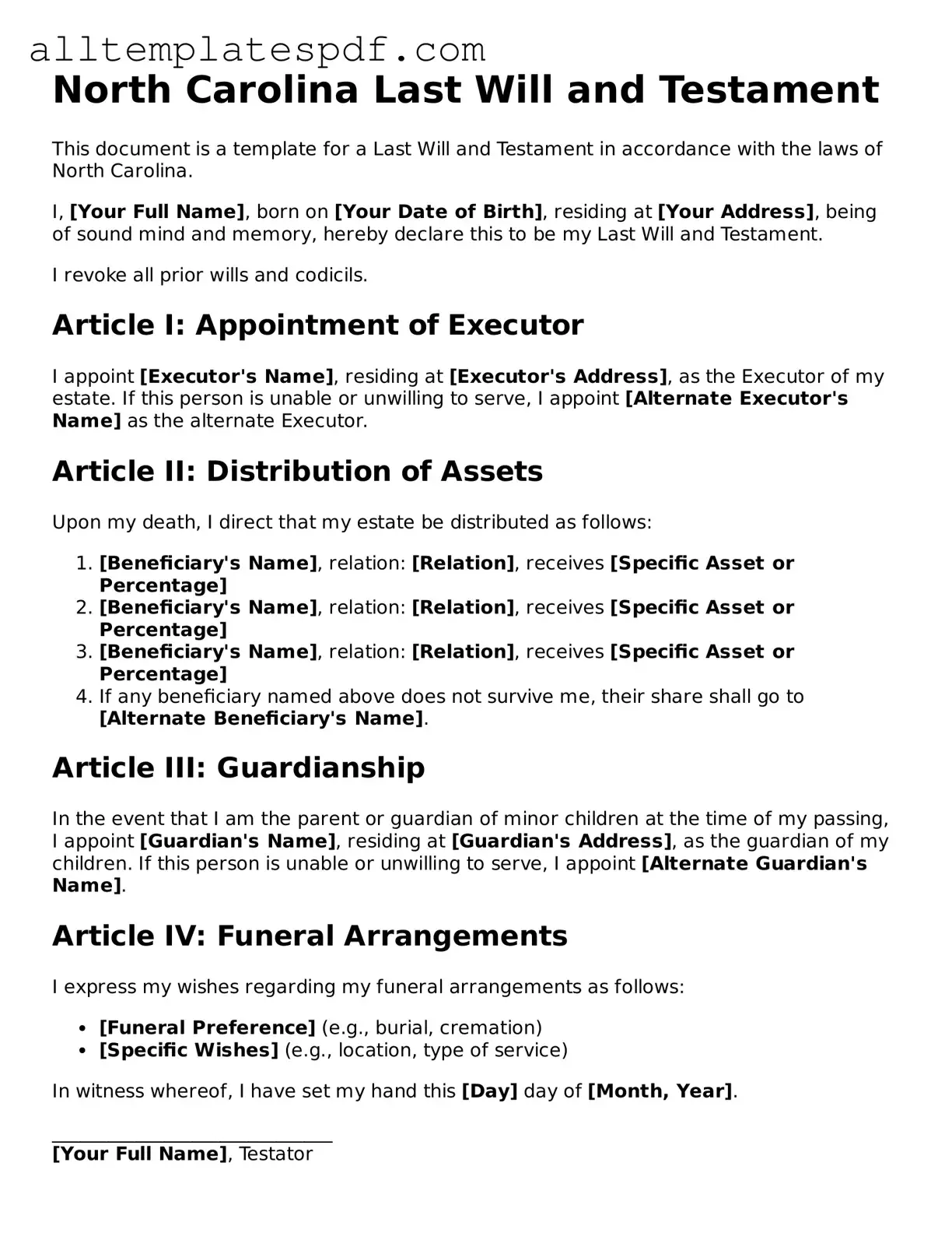 Blank Last Will and Testament Template for the State of North Carolina