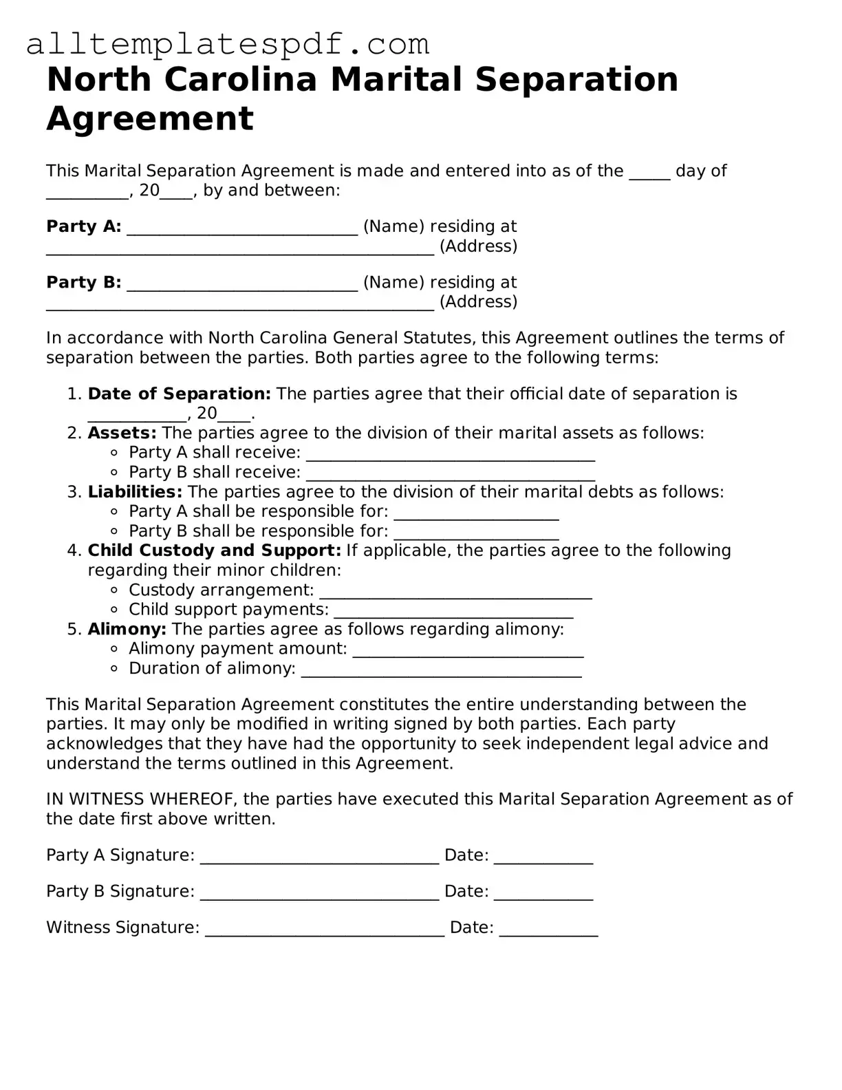 Blank Marital Separation Agreement Template for the State of North Carolina