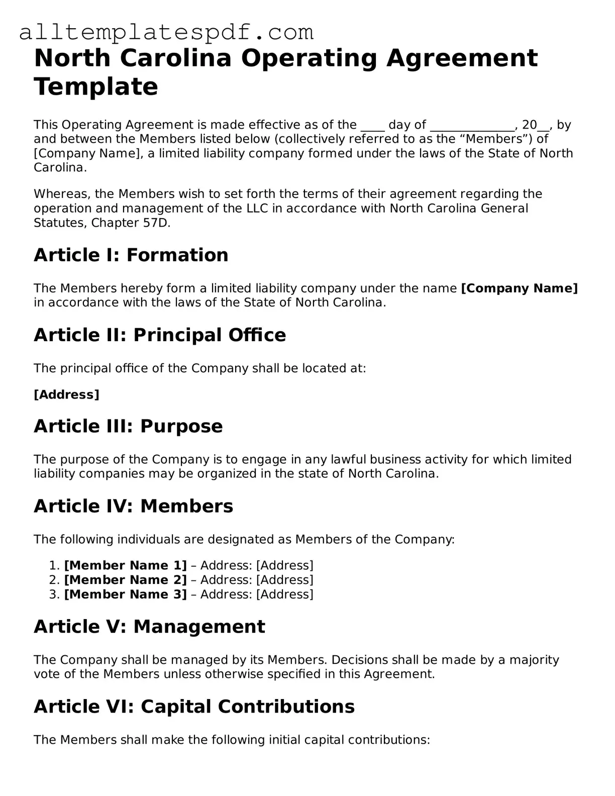 Blank Operating Agreement Template for the State of North Carolina