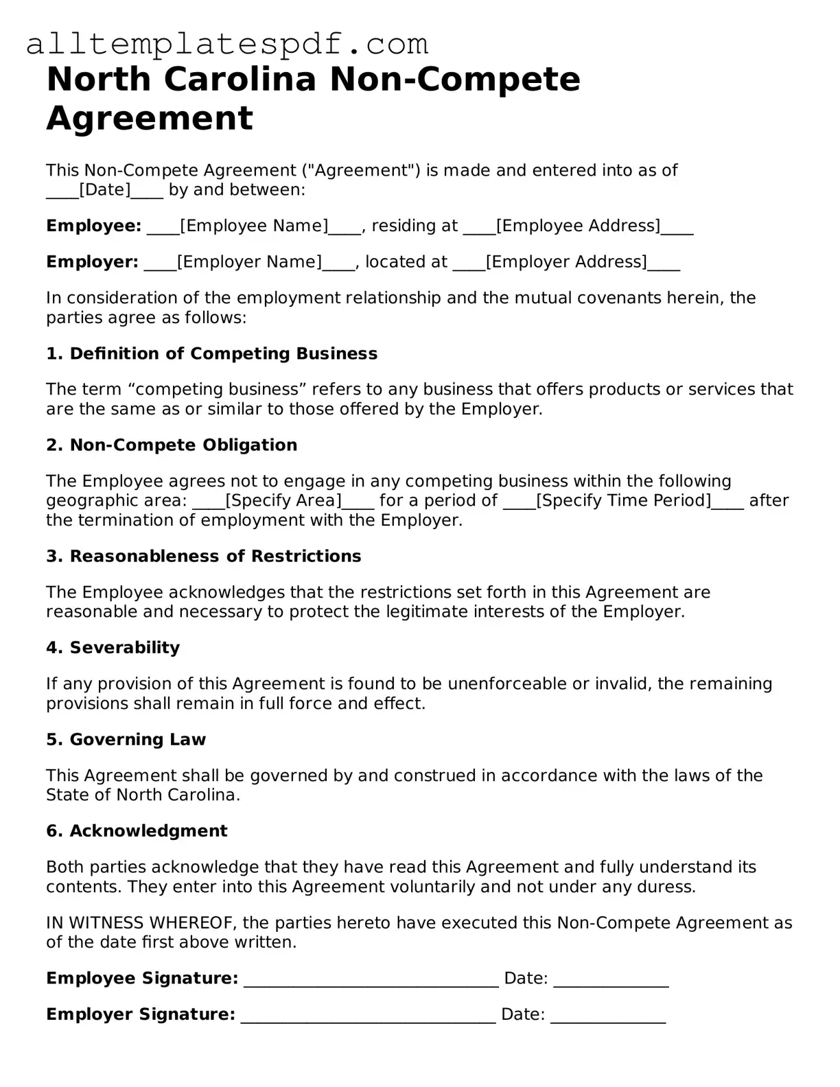 Blank Non-compete Agreement Template for the State of North Carolina