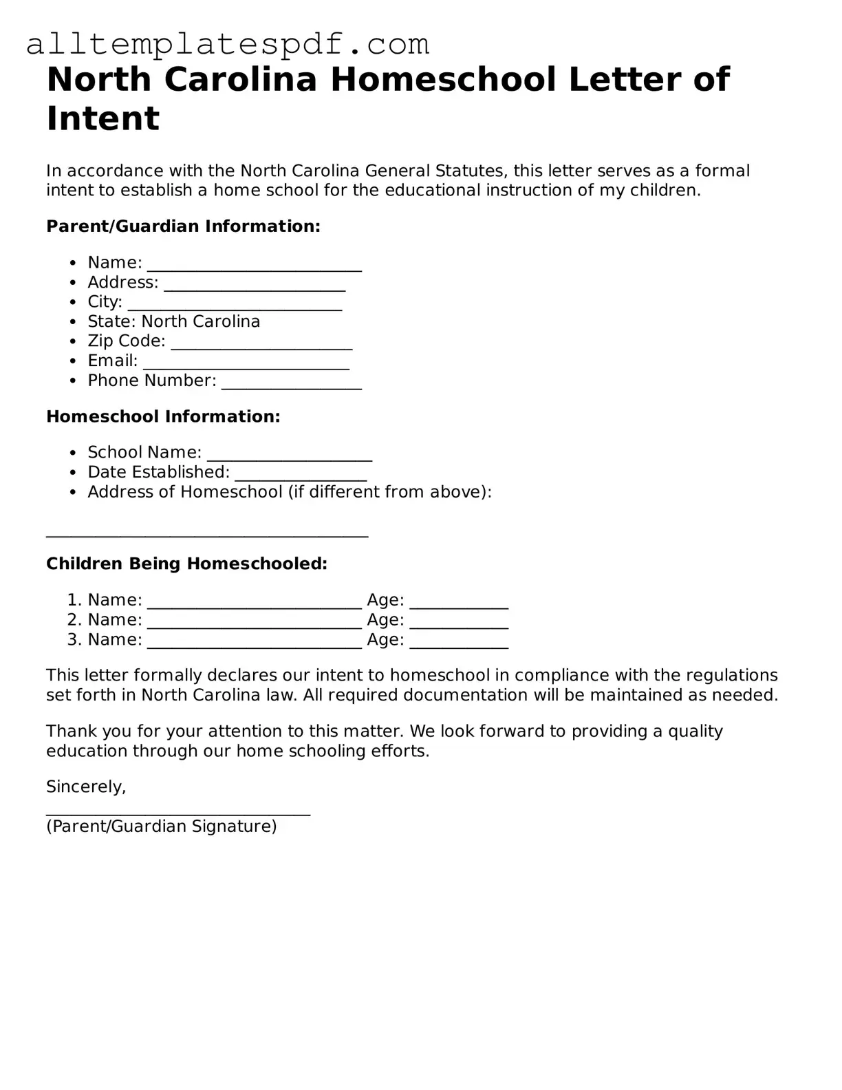 Blank Homeschool Letter of Intent Template for the State of North Carolina