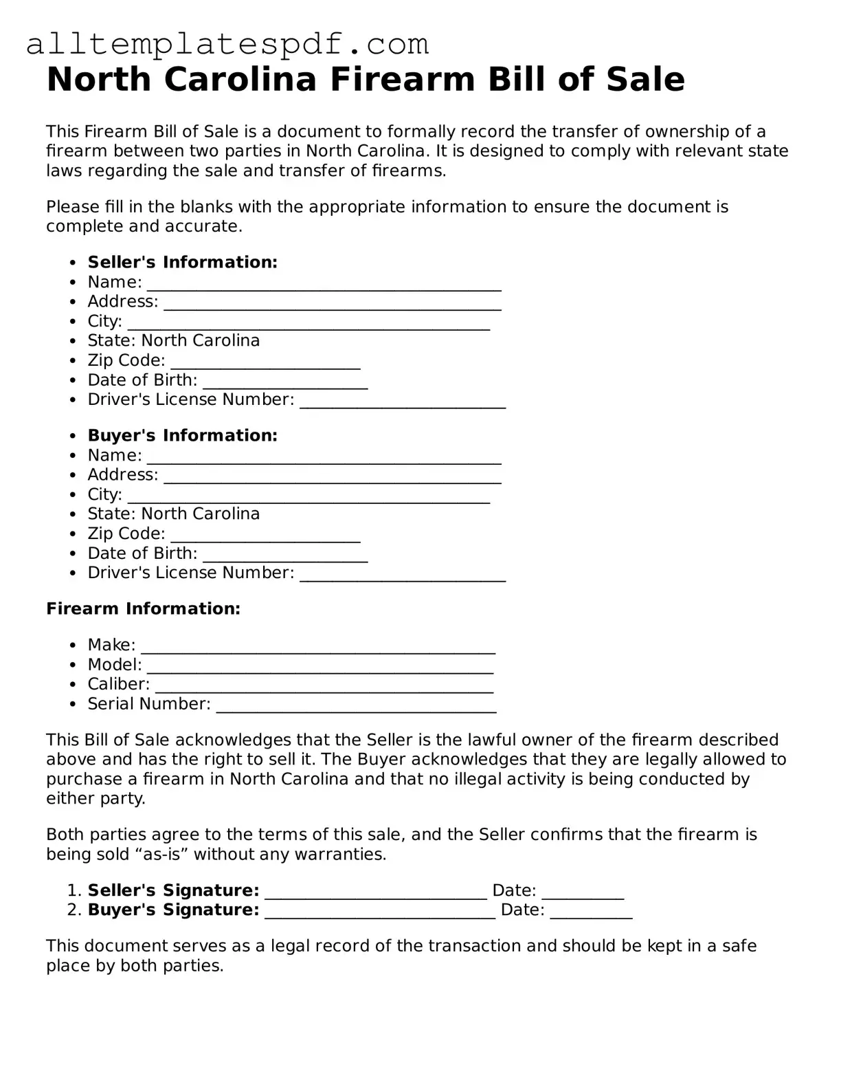 Blank Firearm Bill of Sale Template for the State of North Carolina