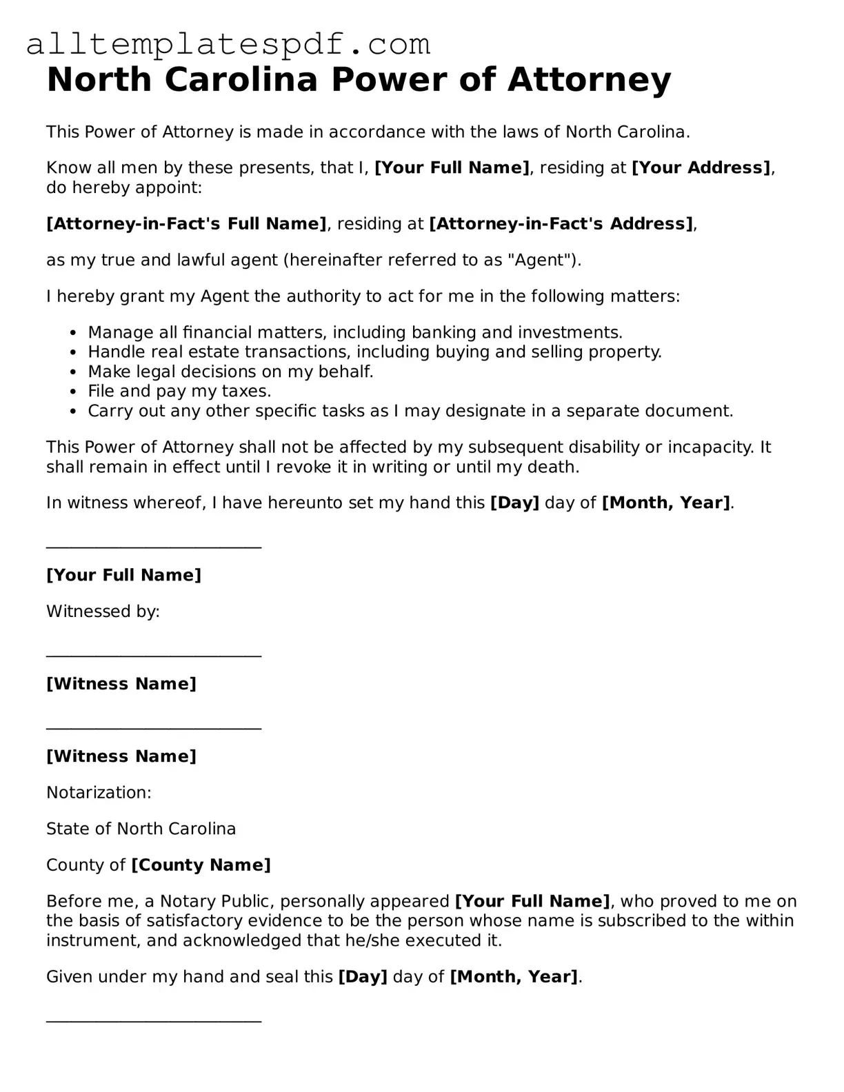Blank Power of Attorney Template for the State of North Carolina