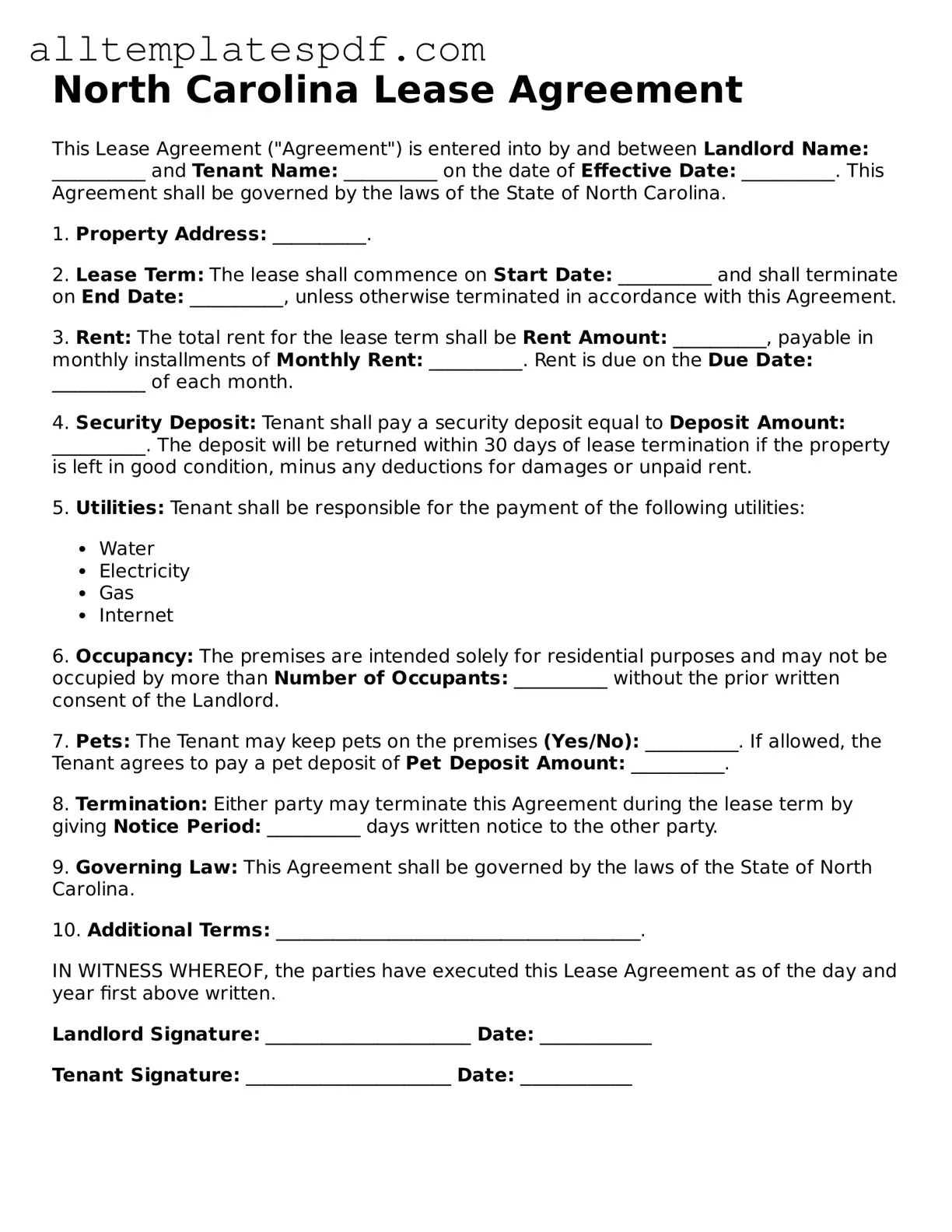 Blank Lease Agreement Template for the State of North Carolina