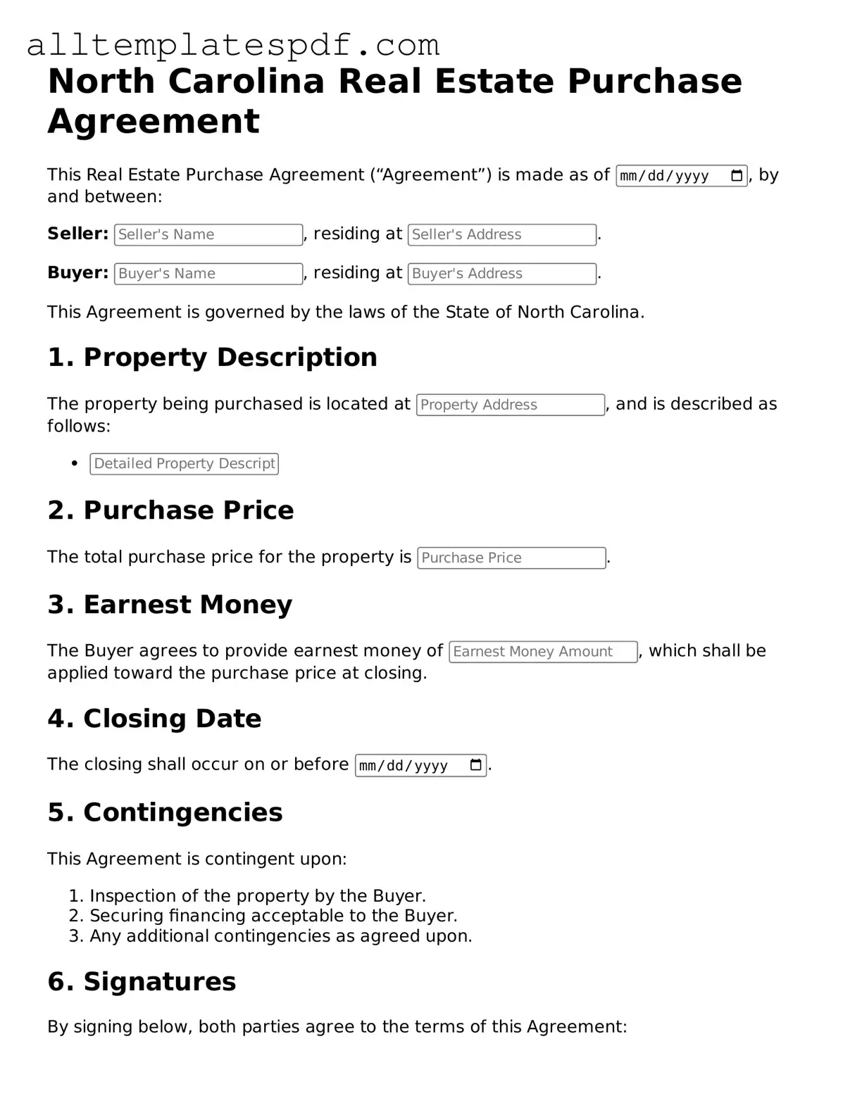 Blank Real Estate Purchase Agreement Template for the State of North Carolina