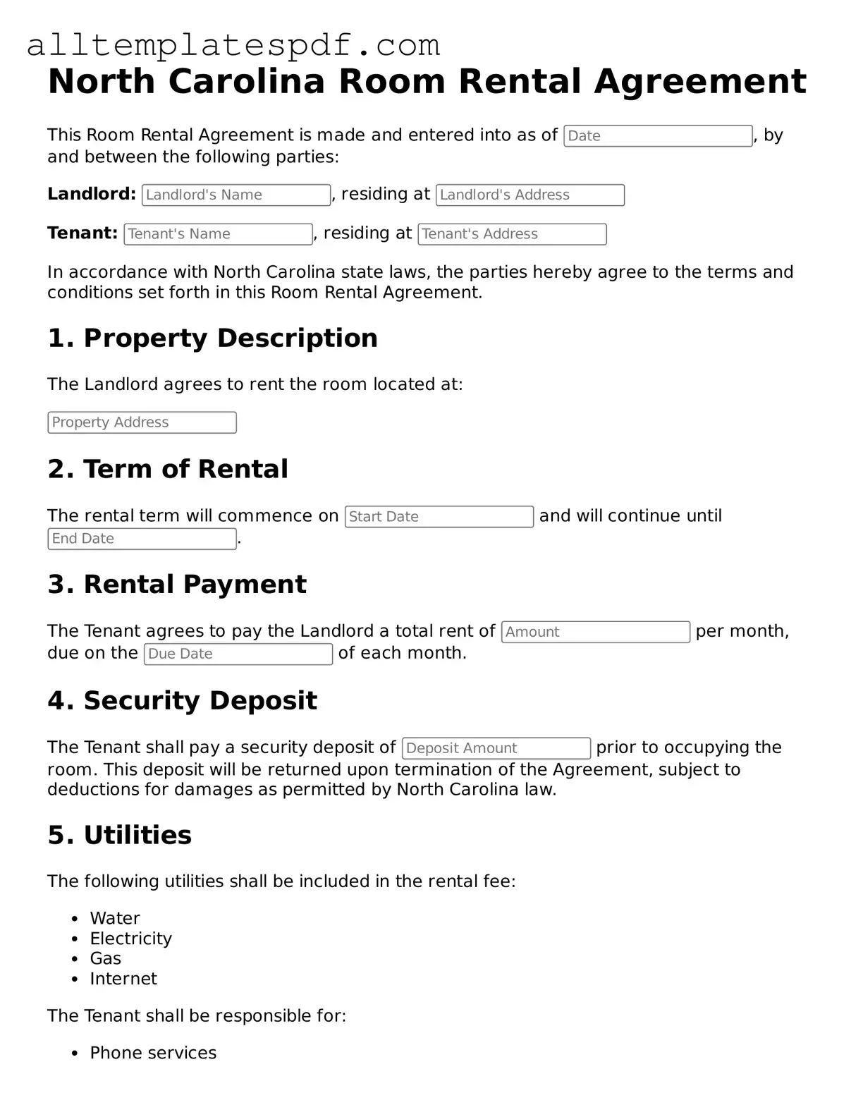 Blank Room Rental Agreement Template for the State of North Carolina