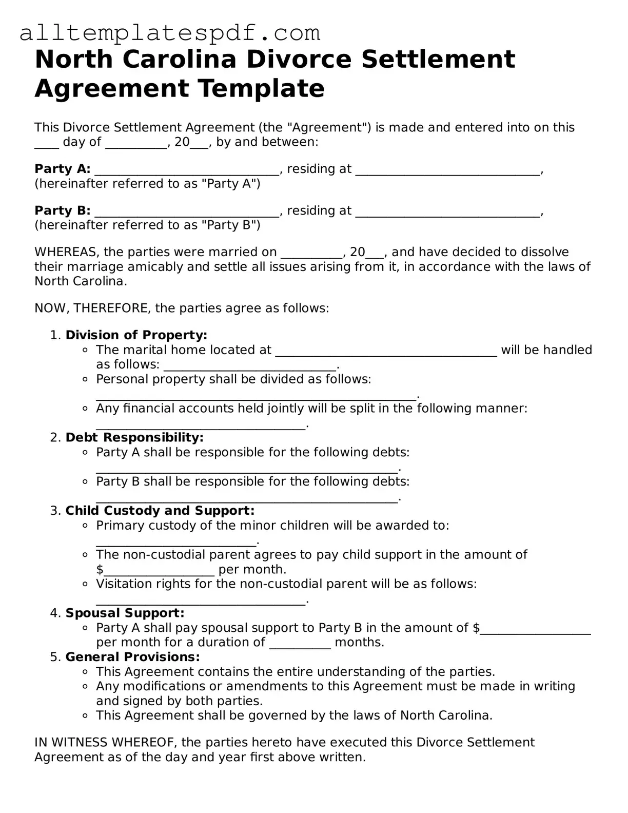 Blank Divorce Settlement Agreement Template for the State of North Carolina