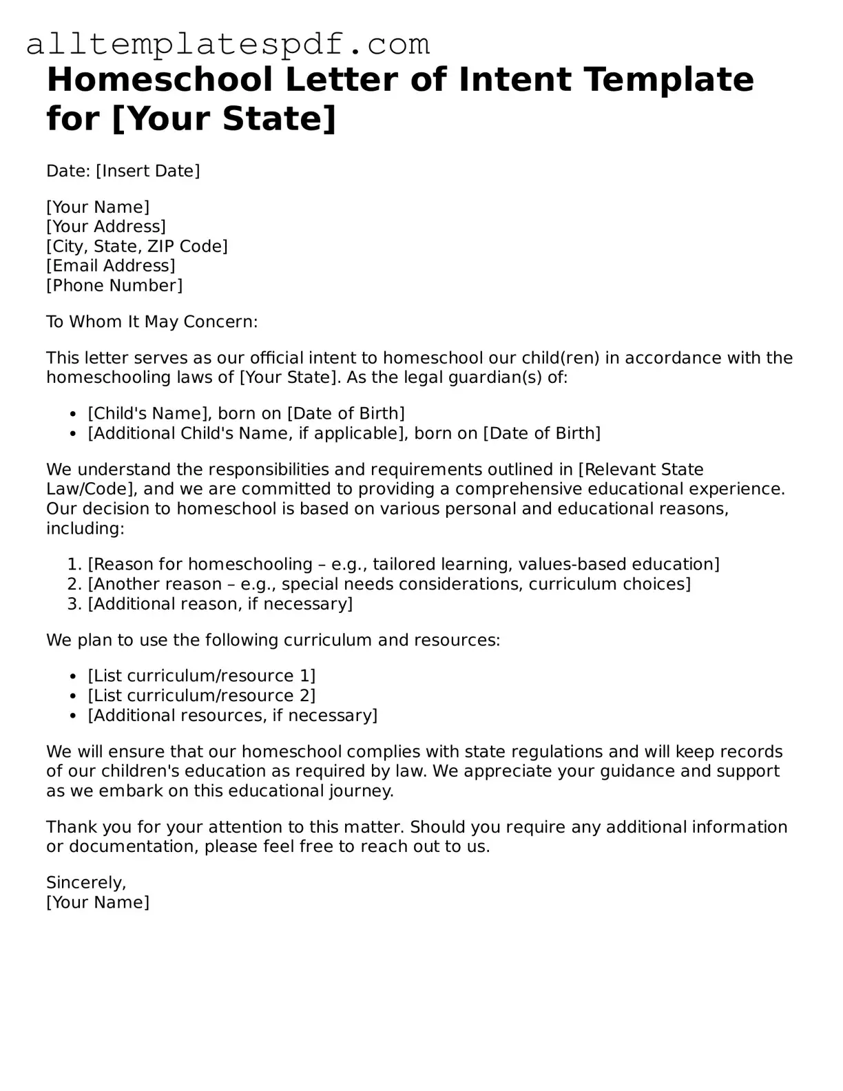 Attorney-Approved Homeschool Letter of Intent Template