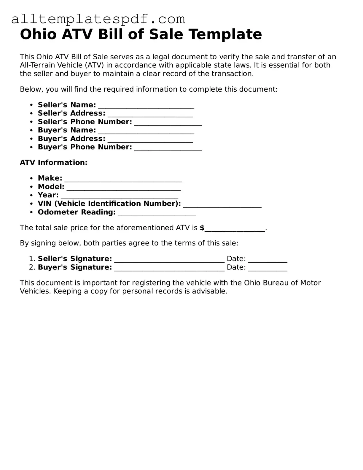 Blank ATV Bill of Sale Template for the State of Ohio