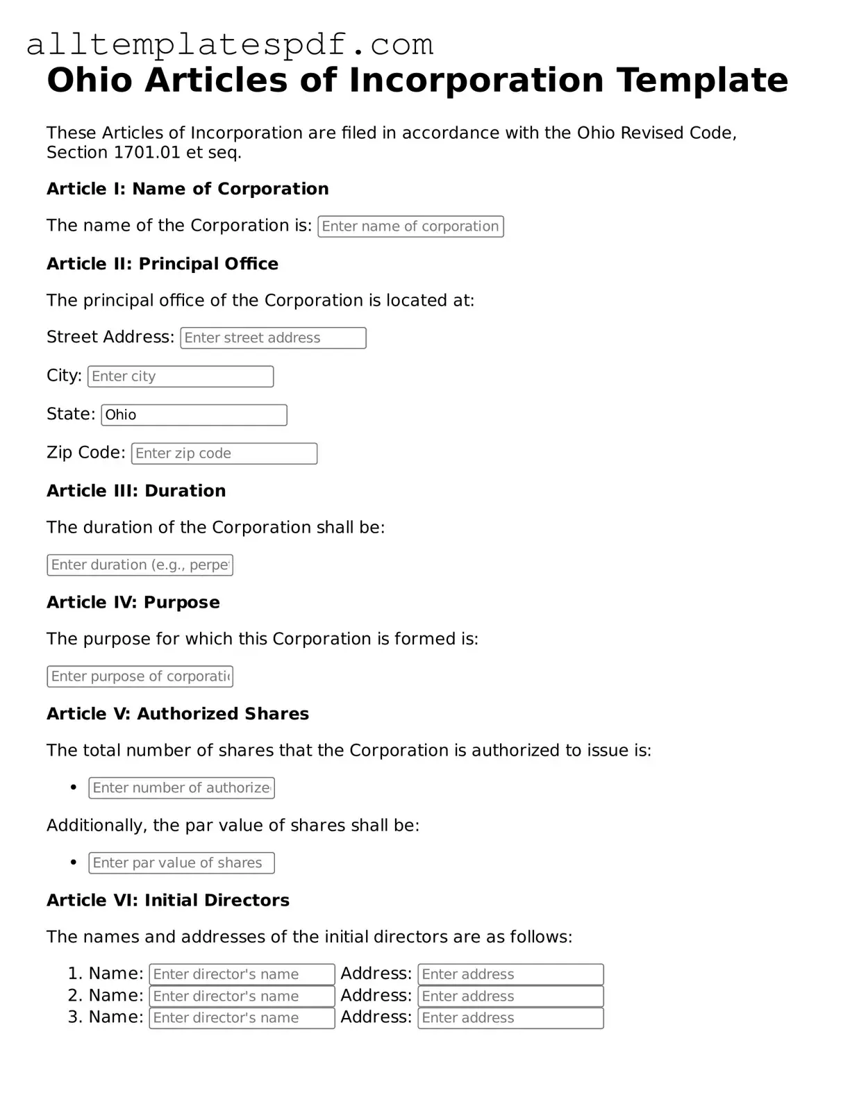 Blank Articles of Incorporation Template for the State of Ohio