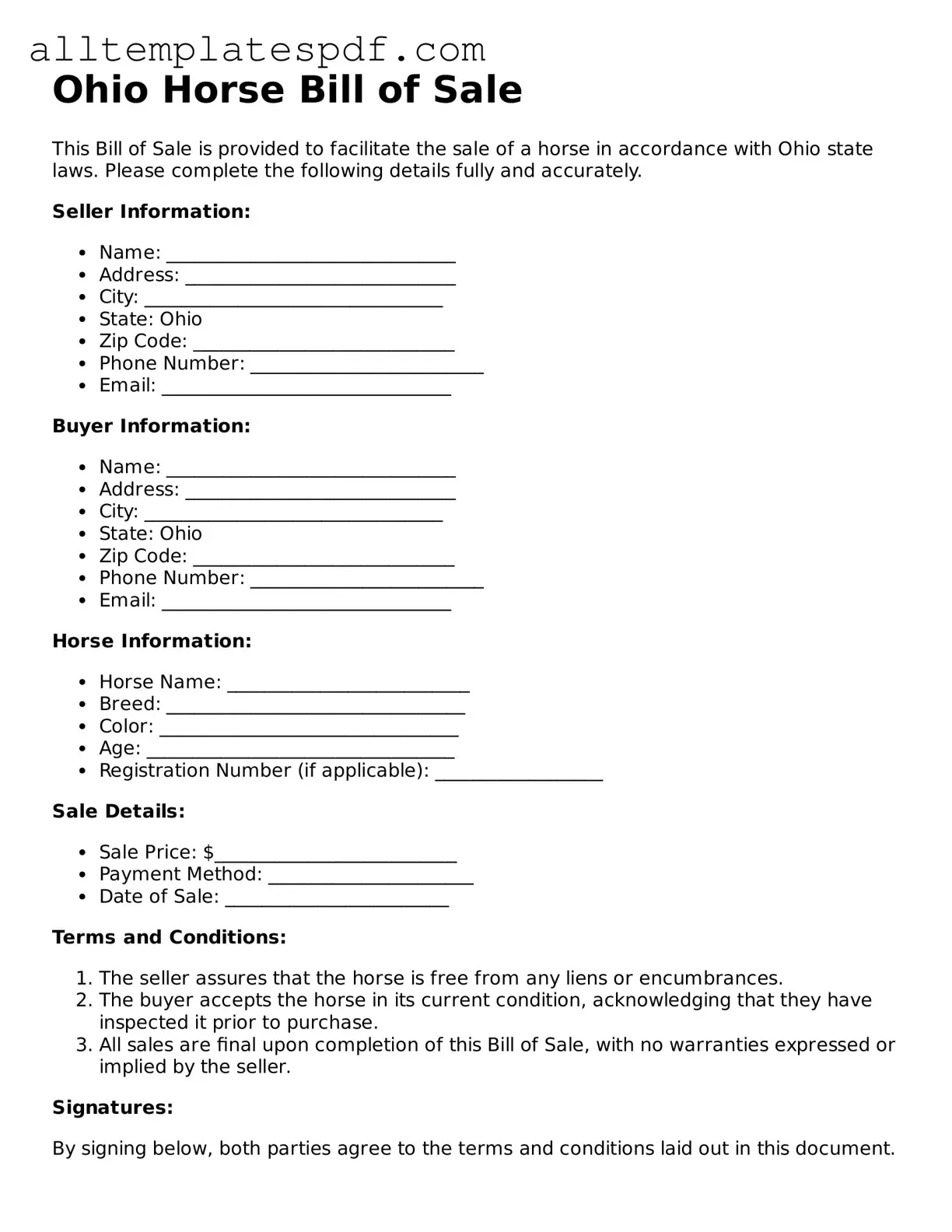Blank Horse Bill of Sale Template for the State of Ohio