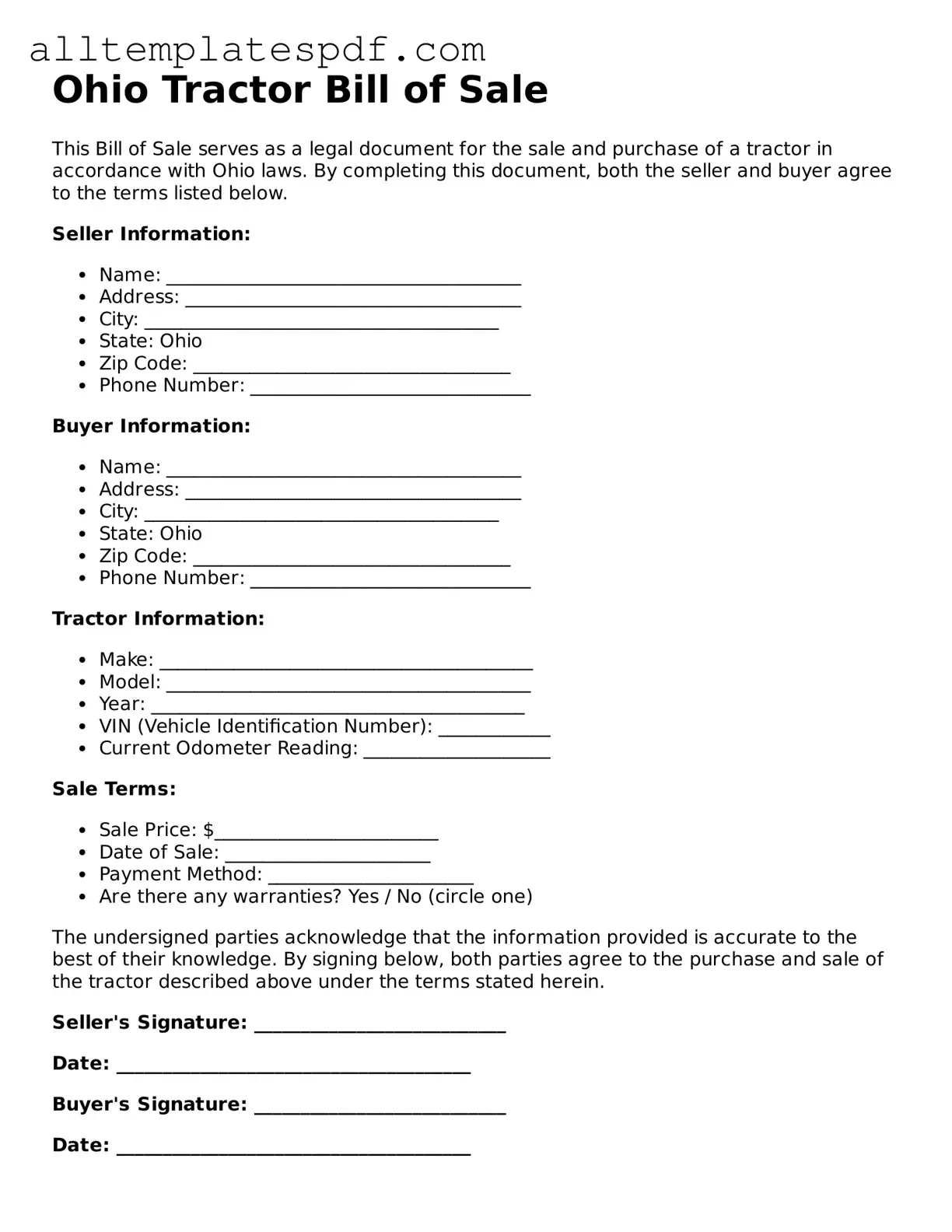 Blank Tractor Bill of Sale Template for the State of Ohio