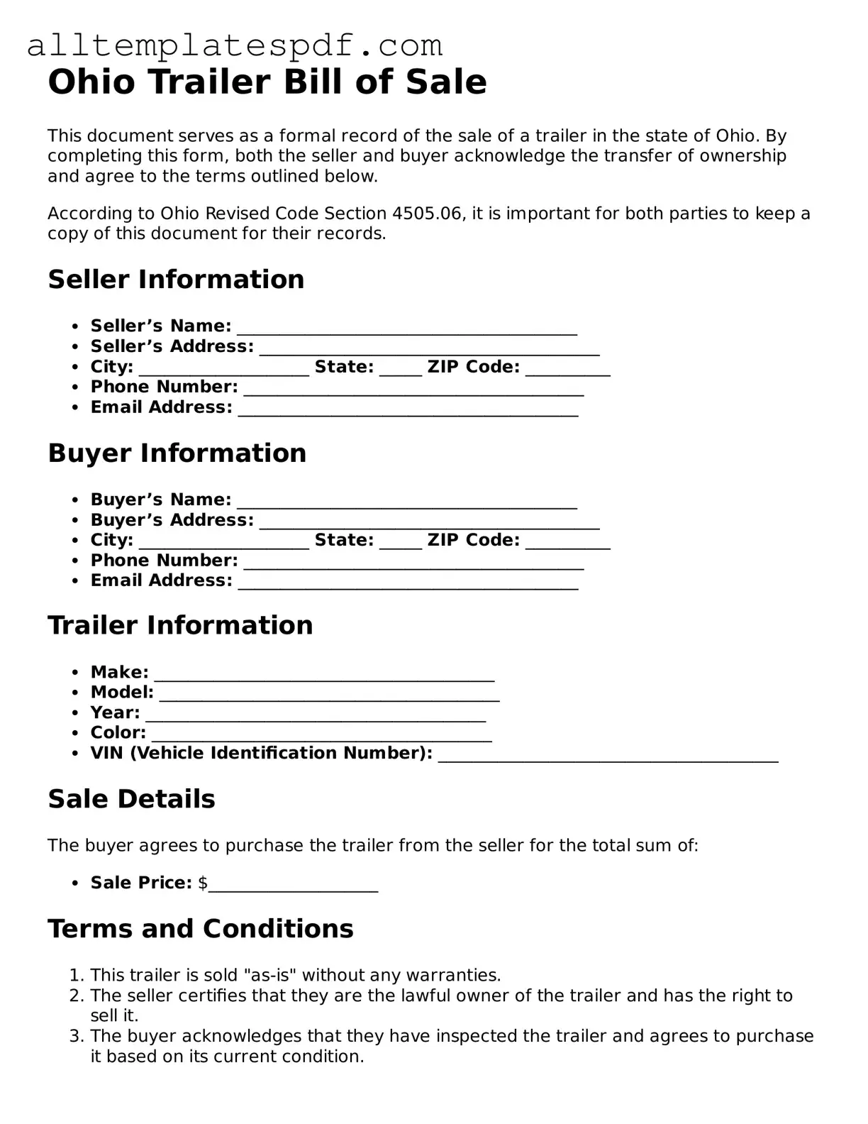 Blank Trailer Bill of Sale Template for the State of Ohio