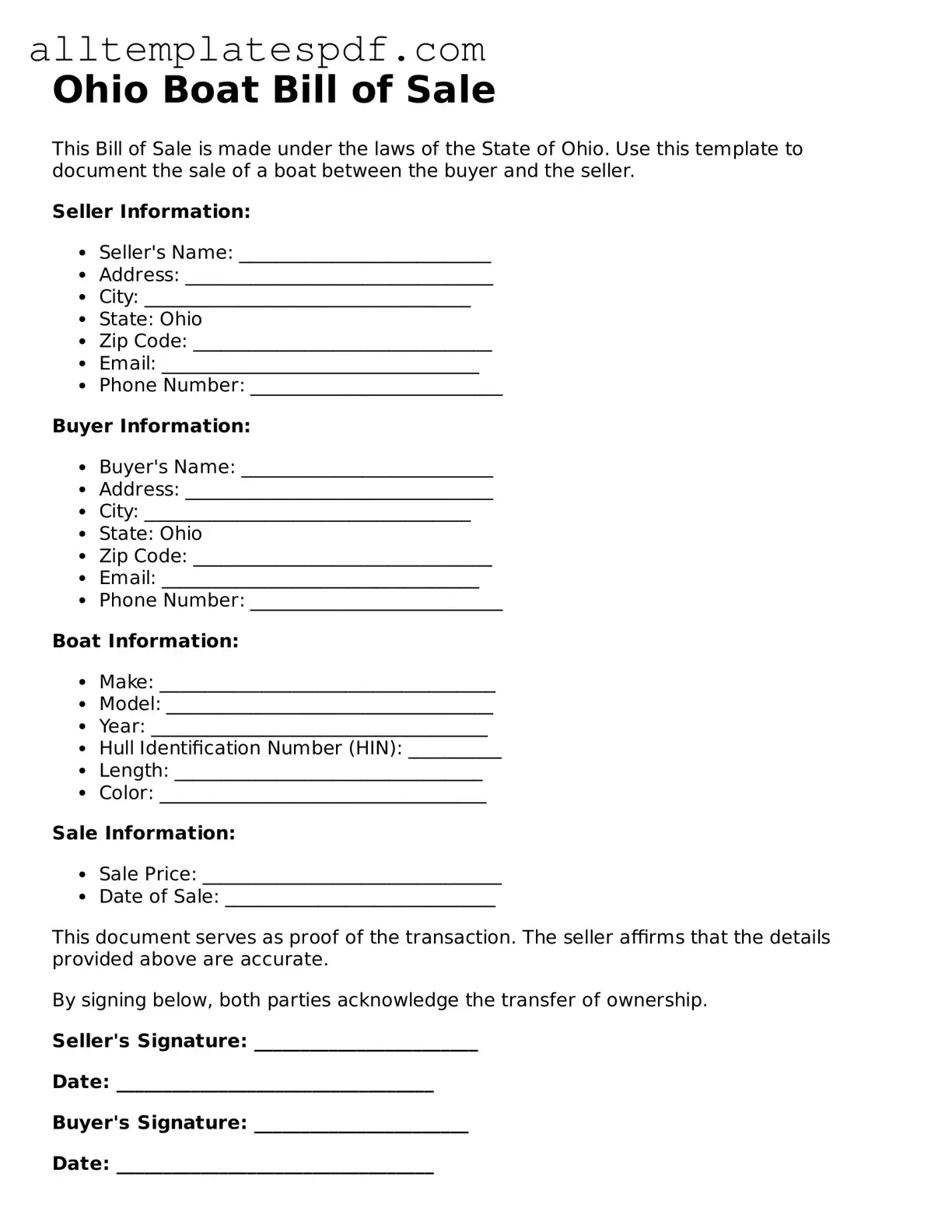 Blank Boat Bill of Sale Template for the State of Ohio