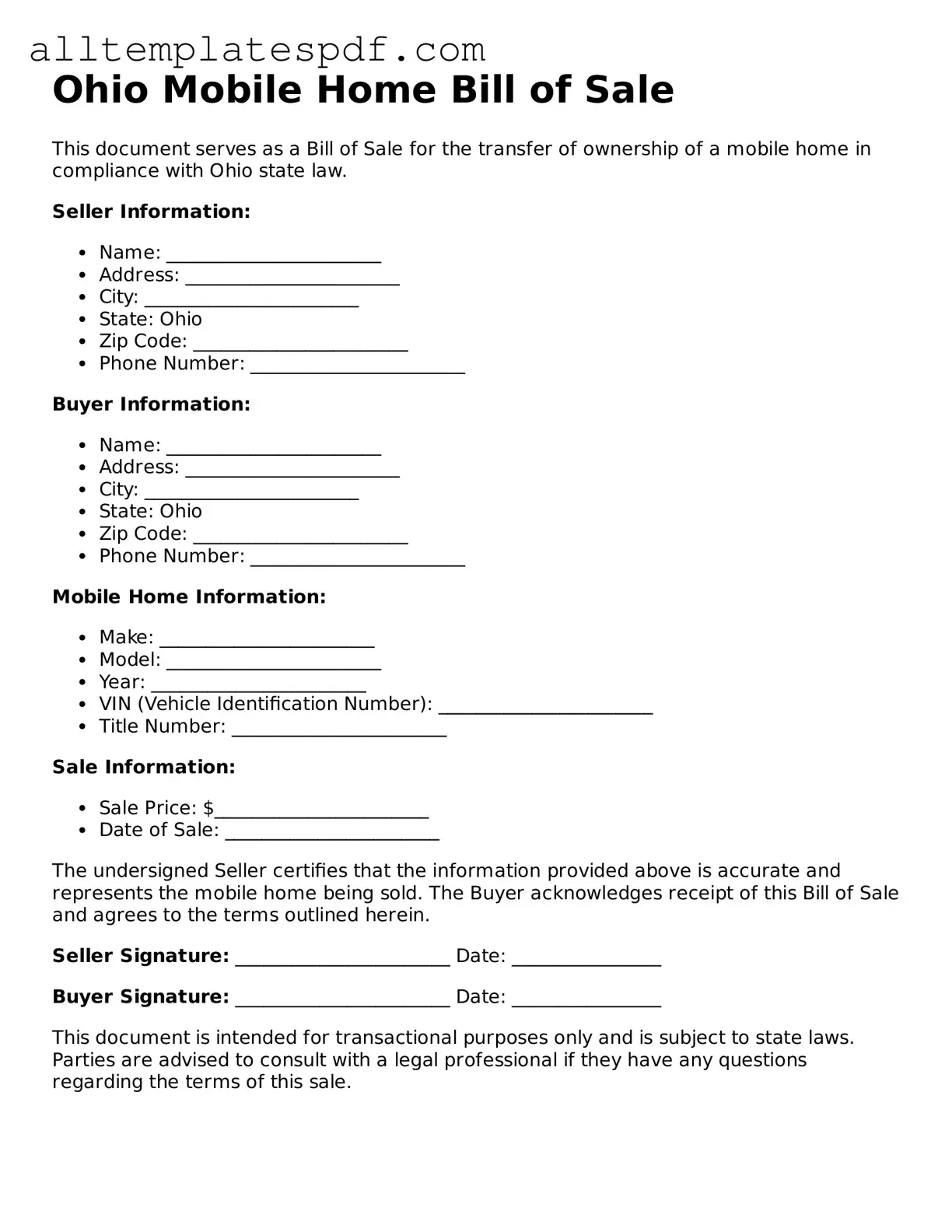 Blank Mobile Home Bill of Sale Template for the State of Ohio