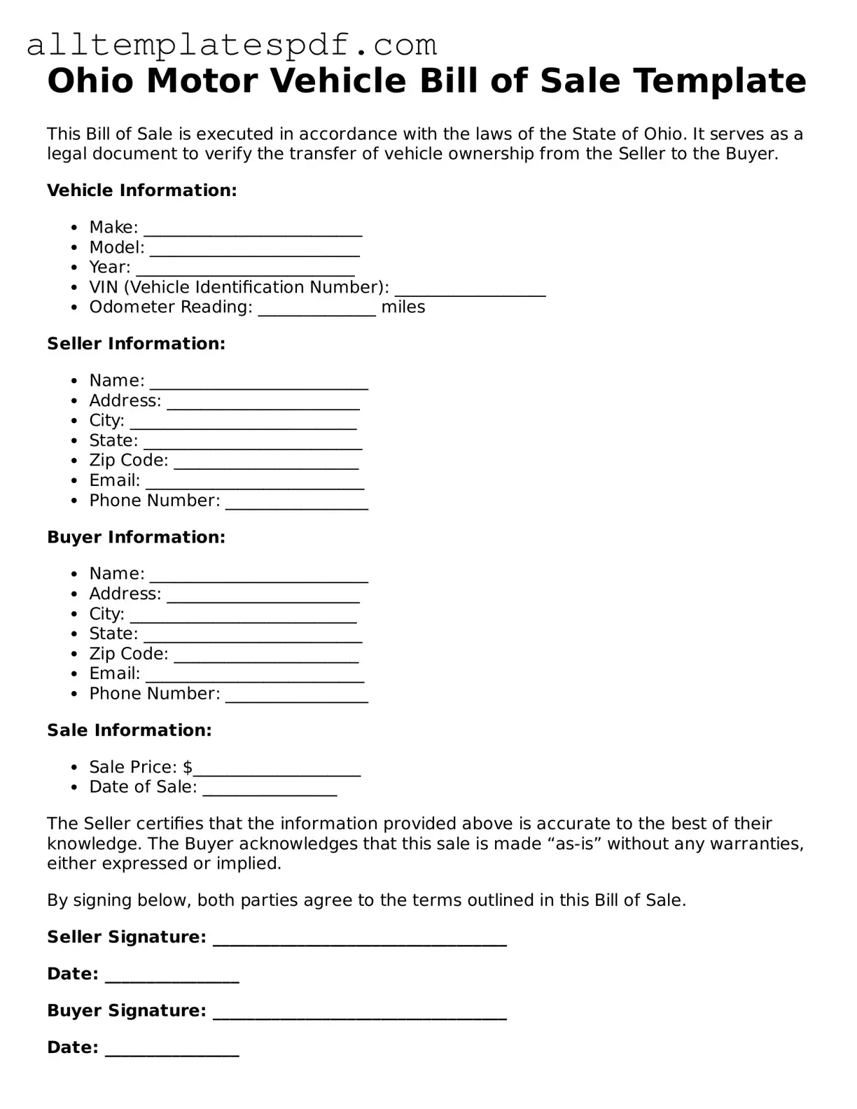 Blank Motor Vehicle Bill of Sale Template for the State of Ohio