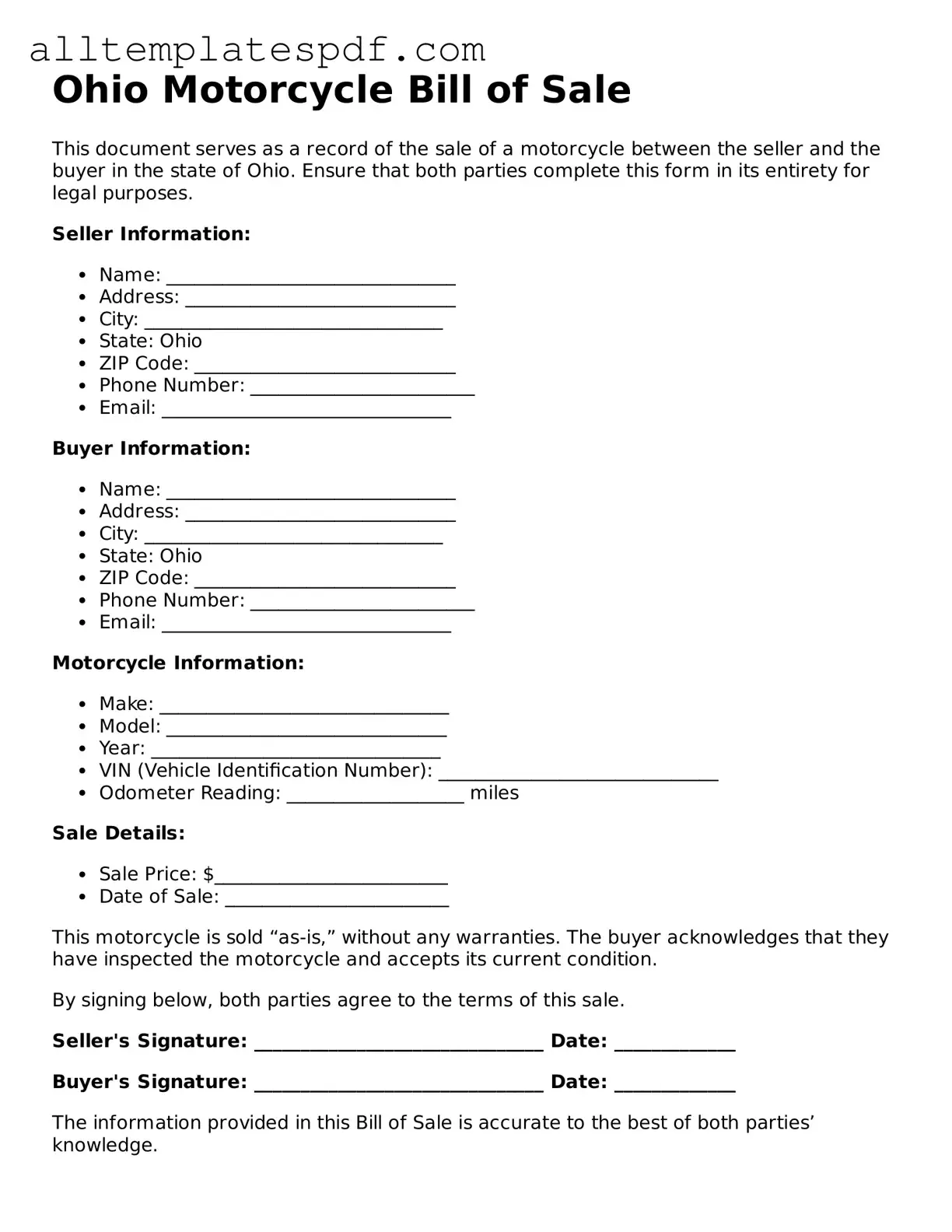 Blank Motorcycle Bill of Sale Template for the State of Ohio