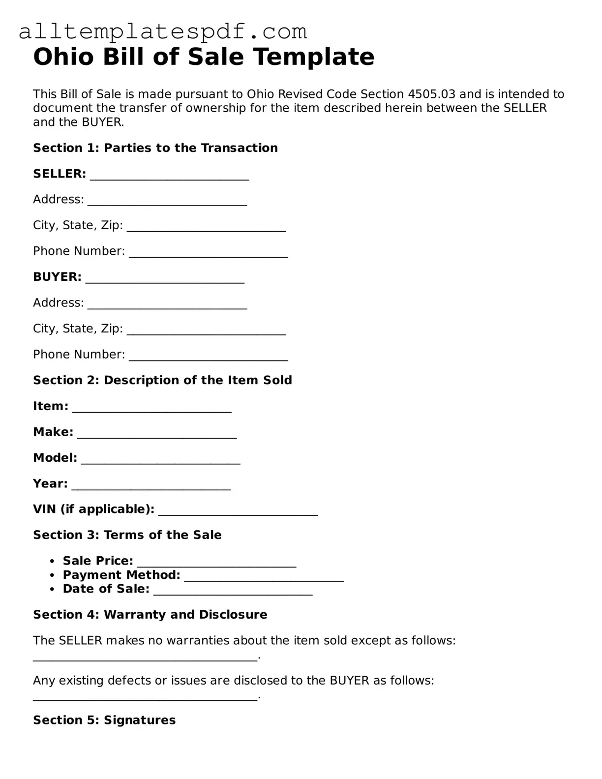 Blank Bill of Sale Template for the State of Ohio
