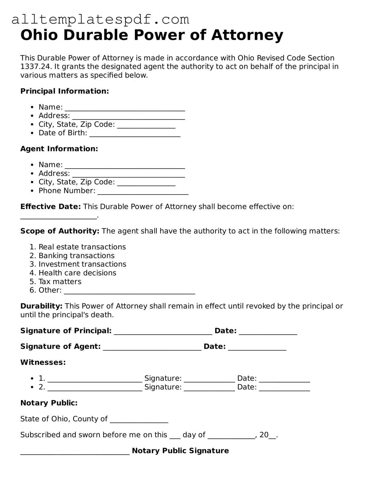 Blank Durable Power of Attorney Template for the State of Ohio