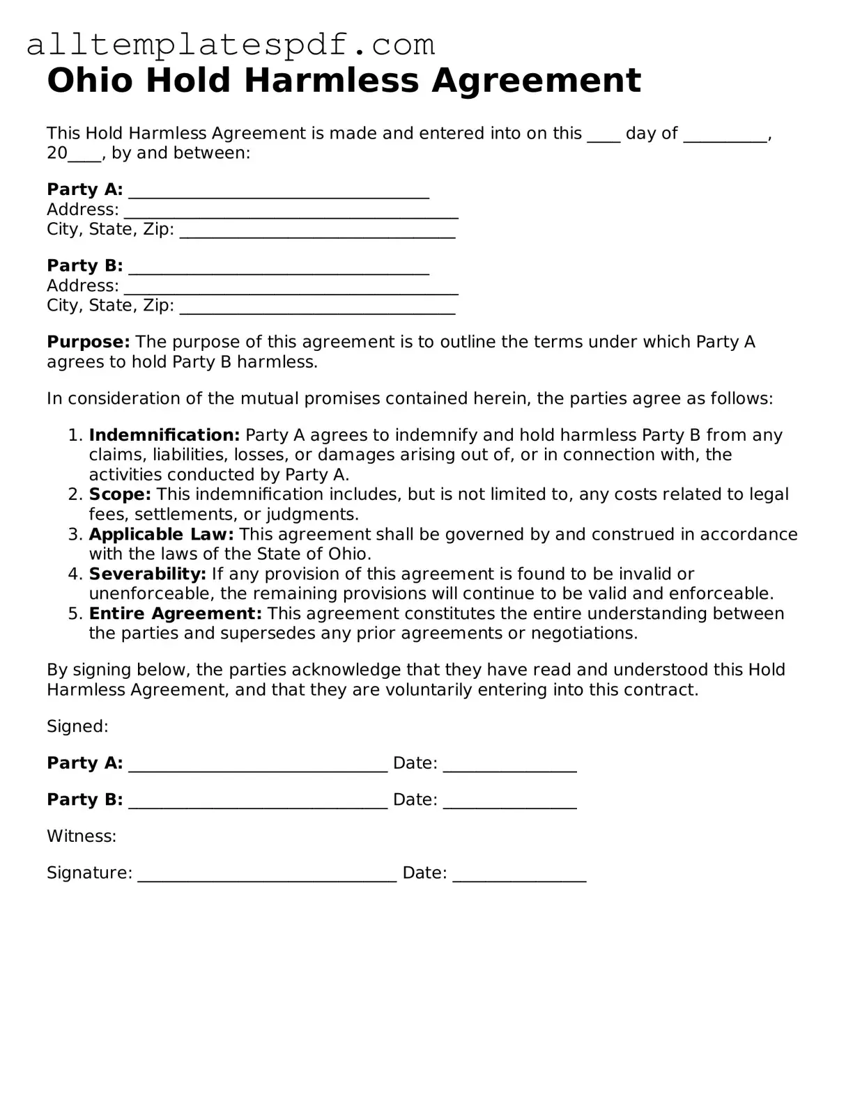 Blank Hold Harmless Agreement Template for the State of Ohio