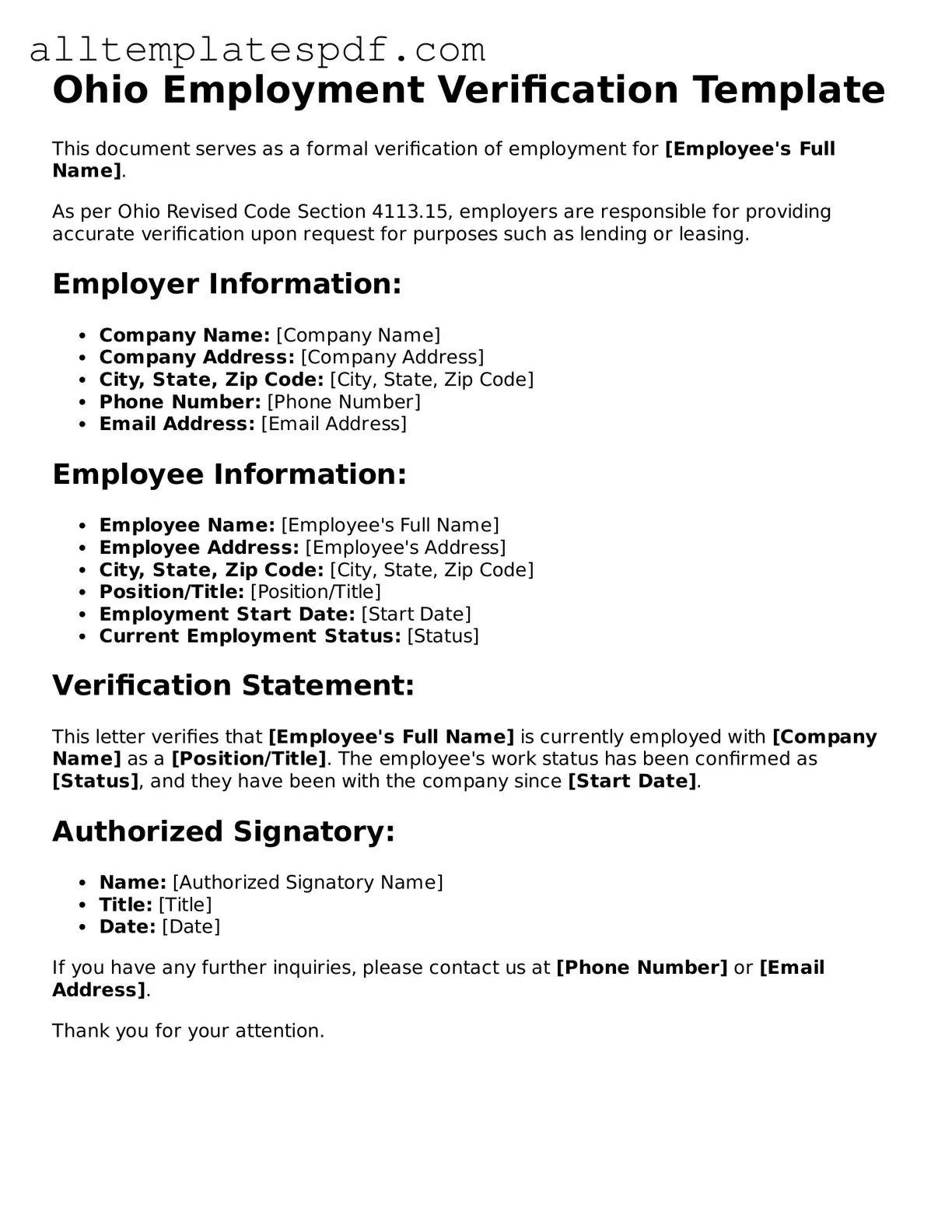 Blank Employment Verification Template for the State of Ohio