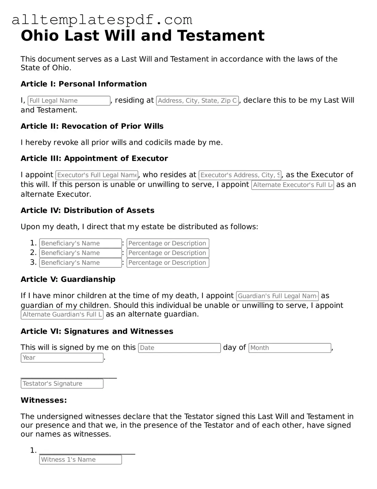 Blank Last Will and Testament Template for the State of Ohio